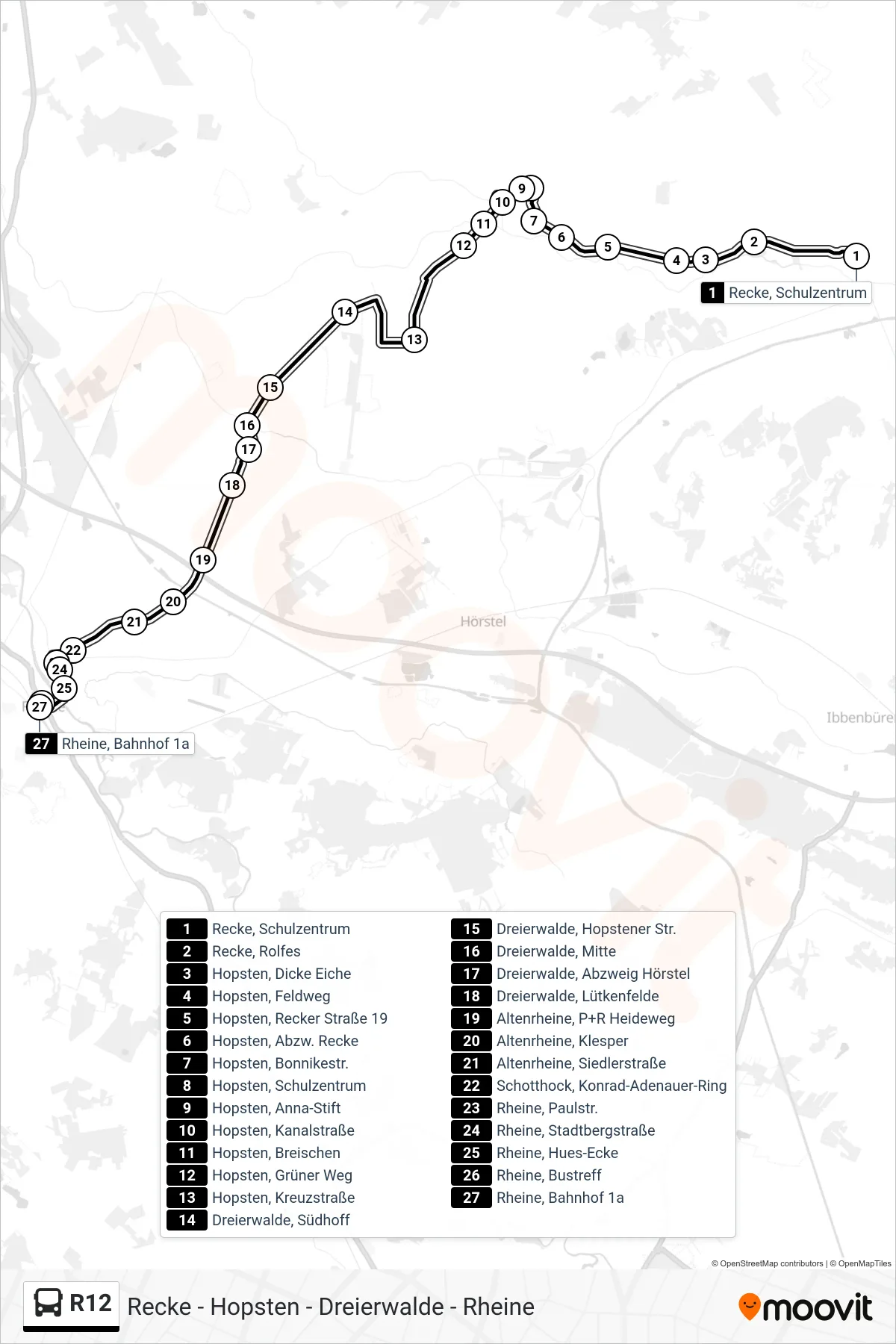 R12 bus Line (Rheine, Bahnhof 1a) route and stops on a map