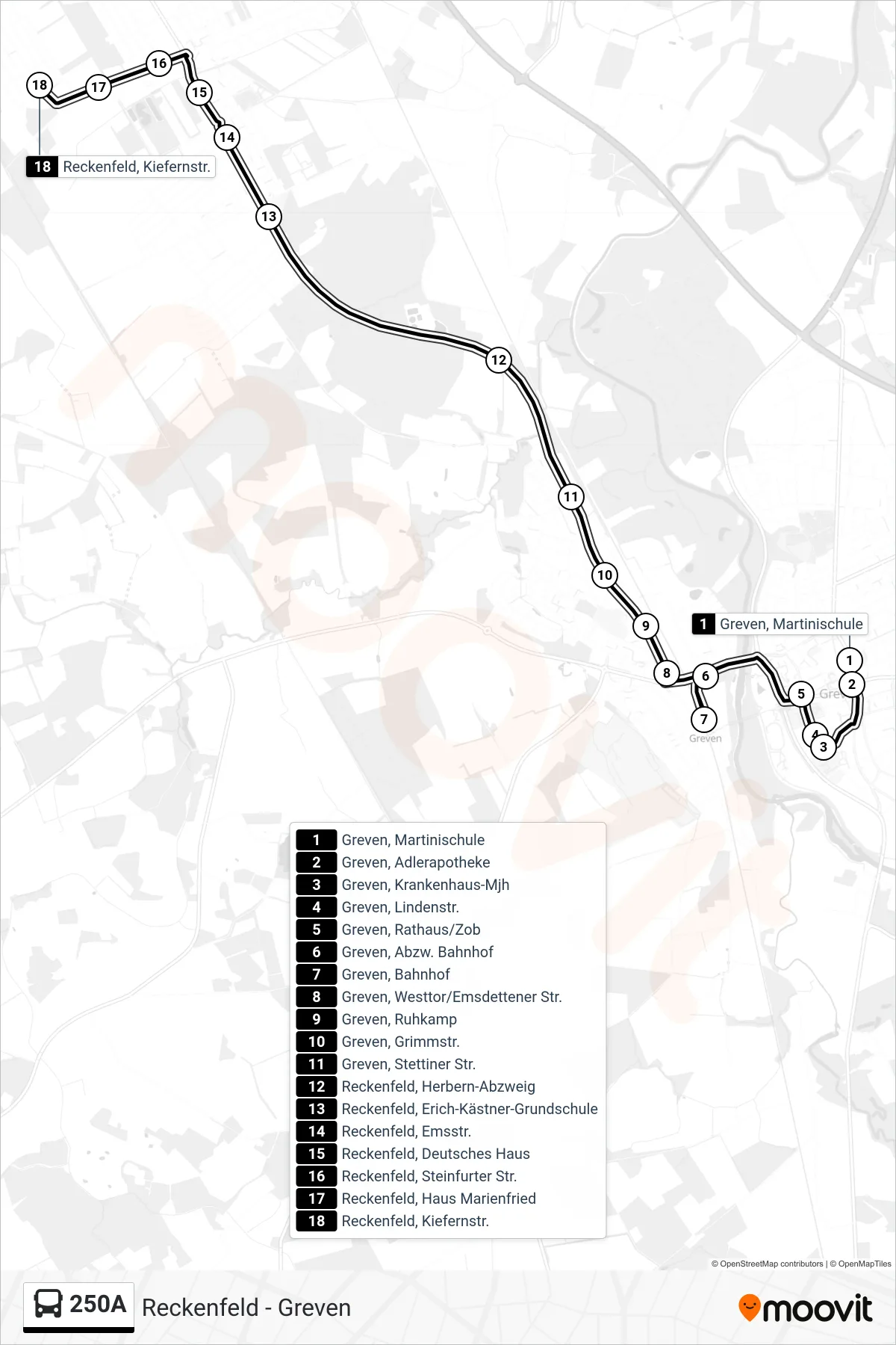 250A bus Line (Reckenfeld, Kiefernstr.) route and stops on a map