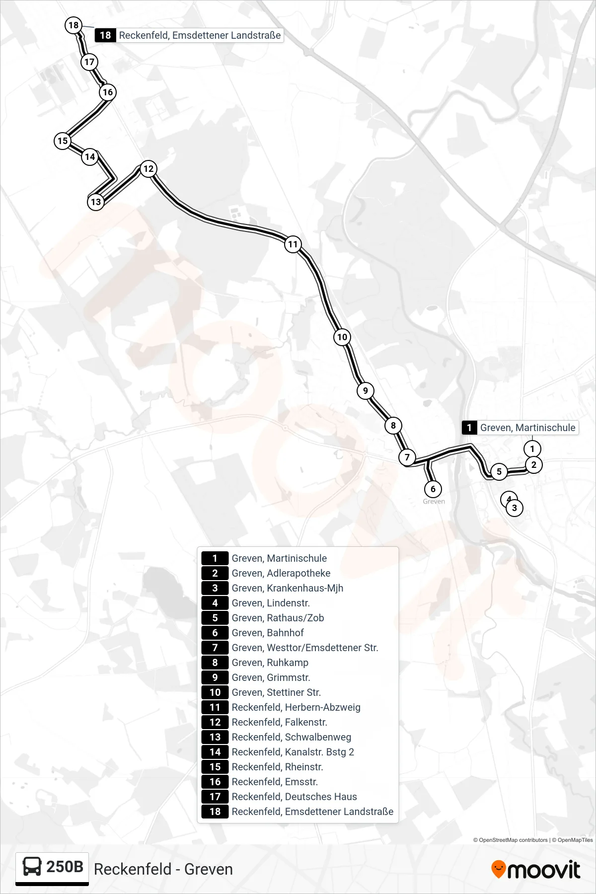 250B bus Line (Reckenfeld, Emsdettener Landstraße) route and stops on a map