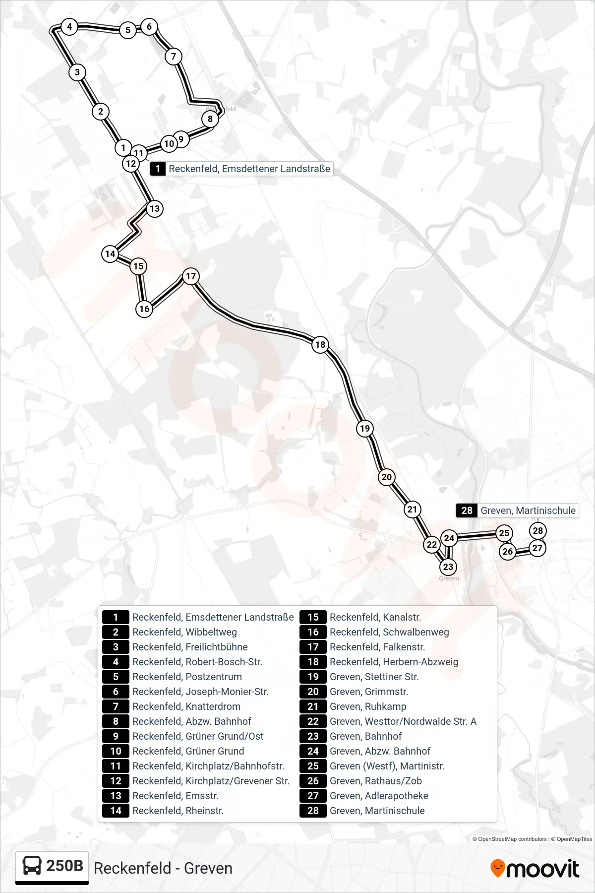 Linie 250B (Bus) Richtung Greven, Martinischule: Route und Haltestellen auf der Karte