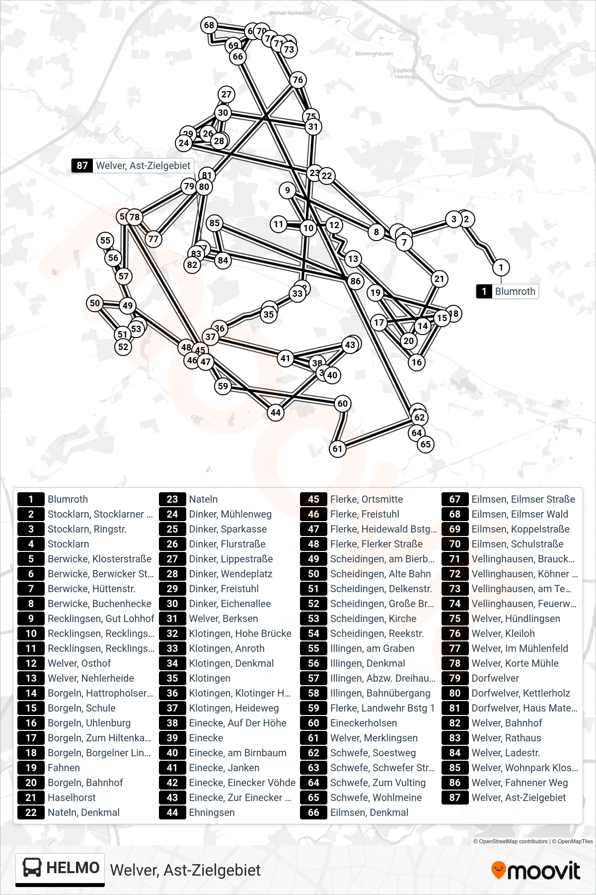 Linie HELMO (Bus) Richtung Welver, Ast-Zielgebiet: Route und Haltestellen auf der Karte