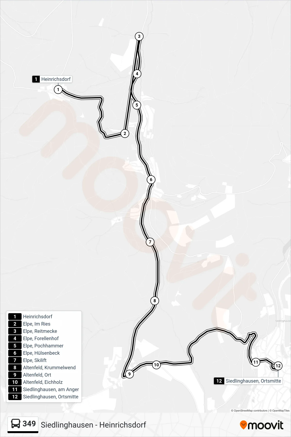 349 bus Line (Siedlinghausen, Ortsmitte) route and stops on a map