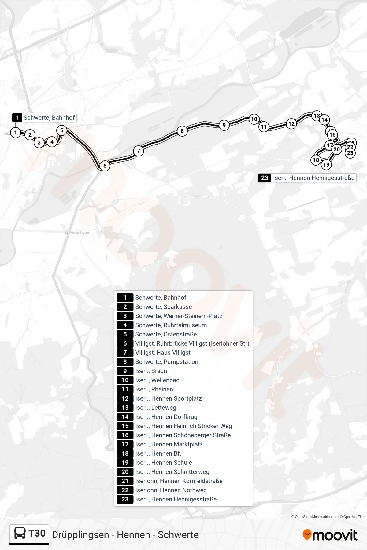 T30 bus Line (Iserl., Hennen Hennigesstraße) route and stops on a map