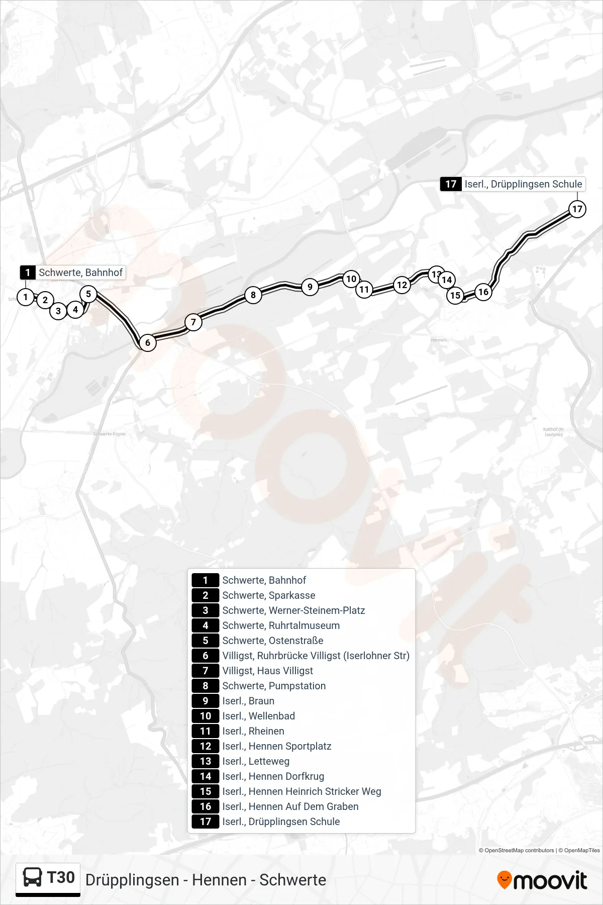 T30 bus Line (Iserl., Drüpplingsen Schule) route and stops on a map