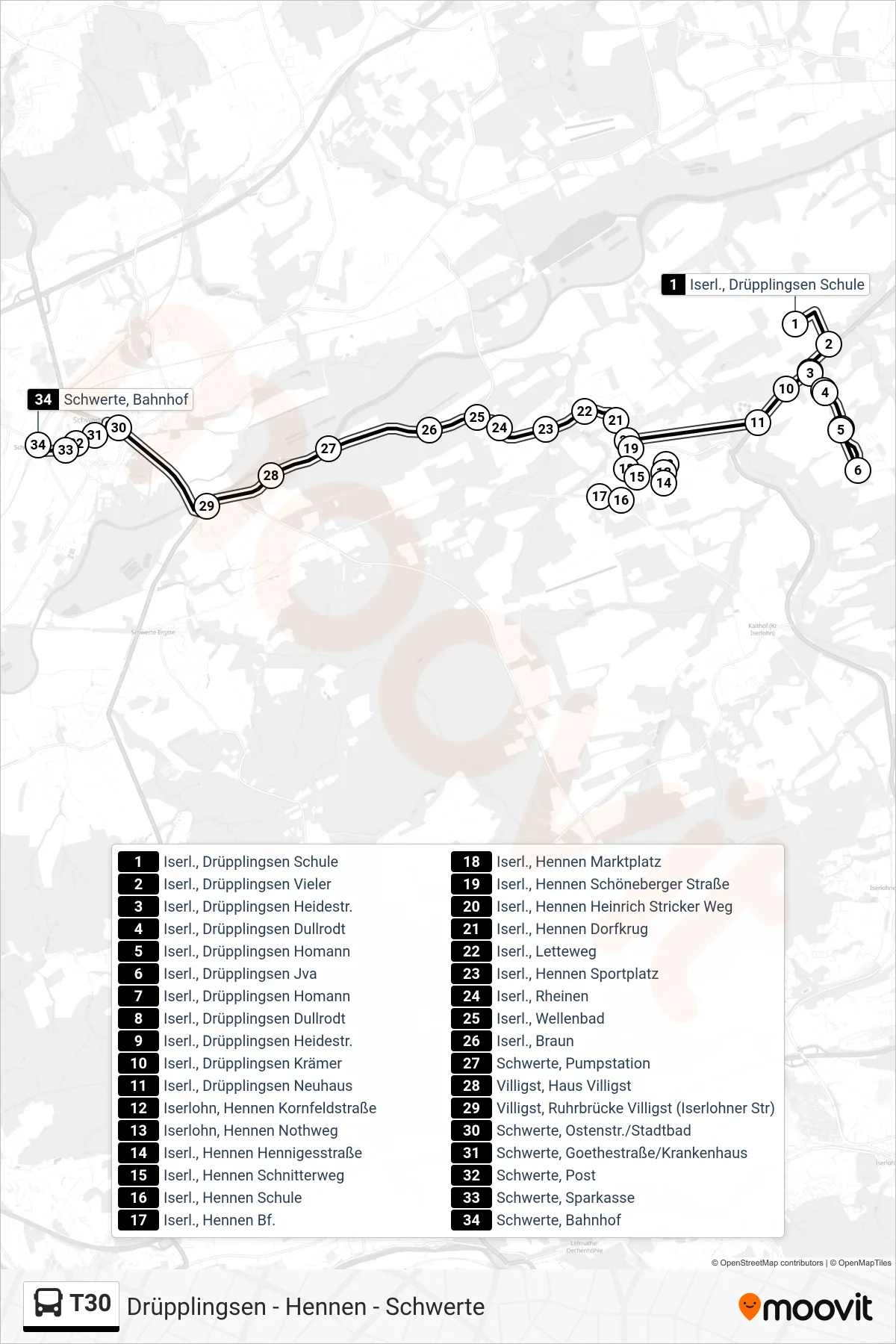 Linie T30 (Bus) Richtung Schwerte, Bahnhof Bstg B: Route und Haltestellen auf der Karte