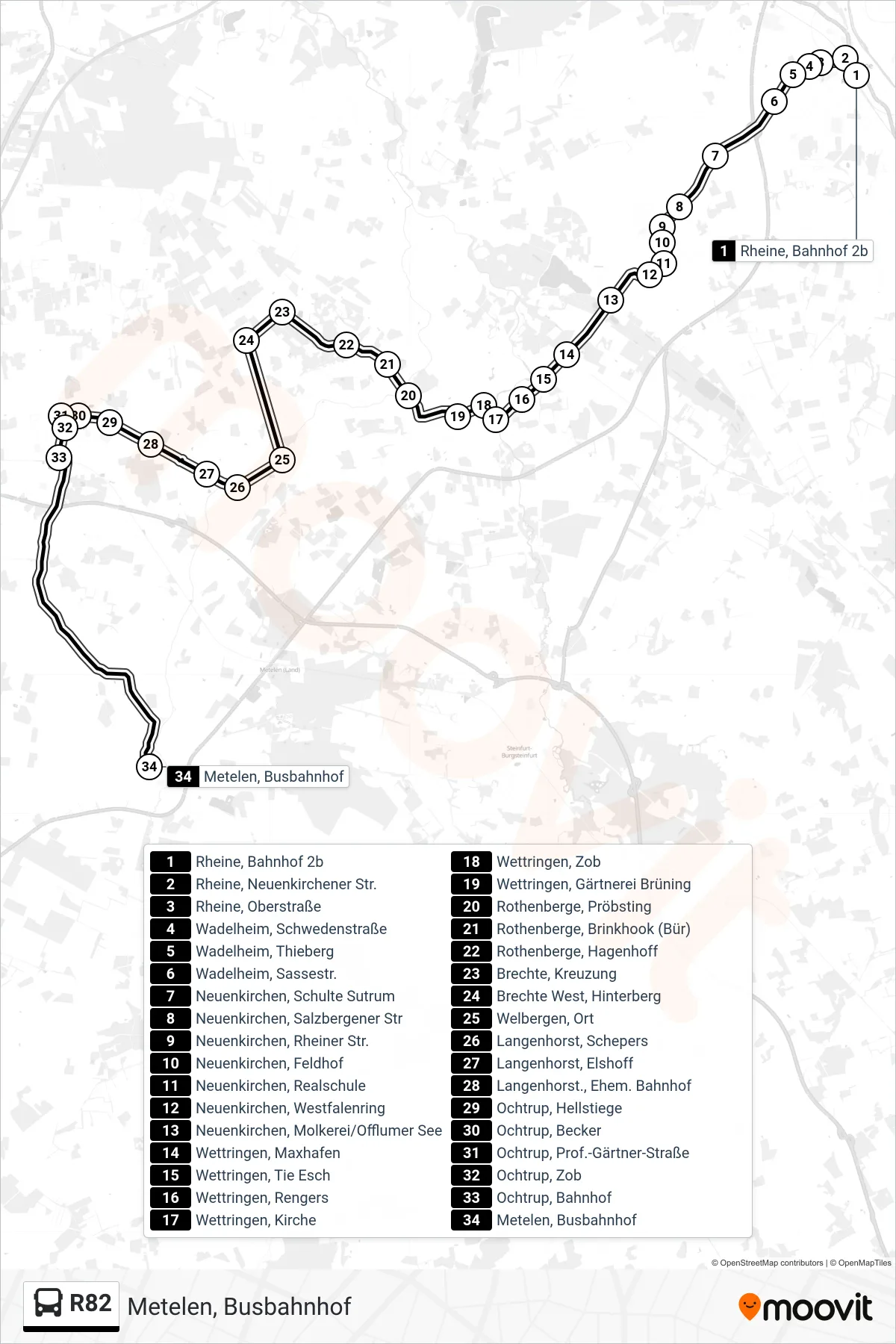R82 bus Line (Metelen, Busbahnhof) route and stops on a map