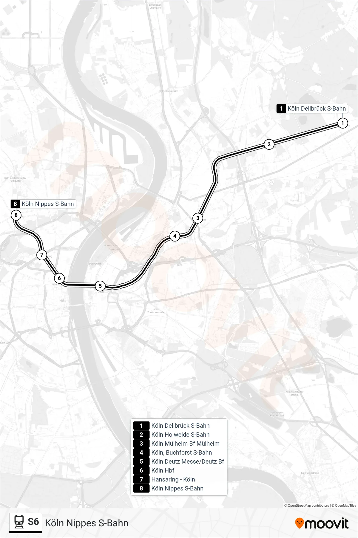 Linie S6 (Bahn) Richtung Köln Nippes S-Bahn: Route und Haltestellen auf der Karte