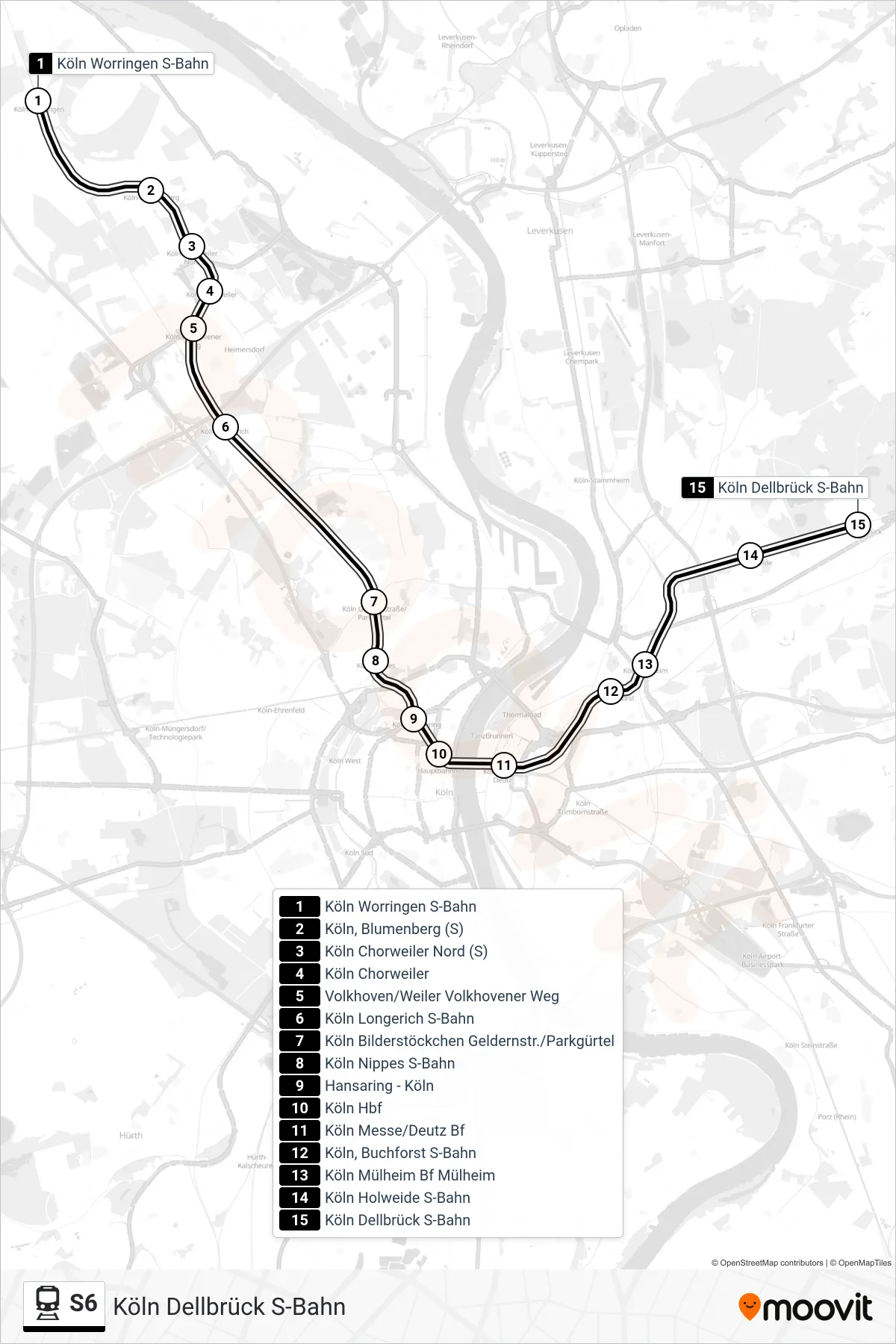 Linie S6 (Bahn) Richtung Köln Dellbrück S-Bahn: Route und Haltestellen auf der Karte