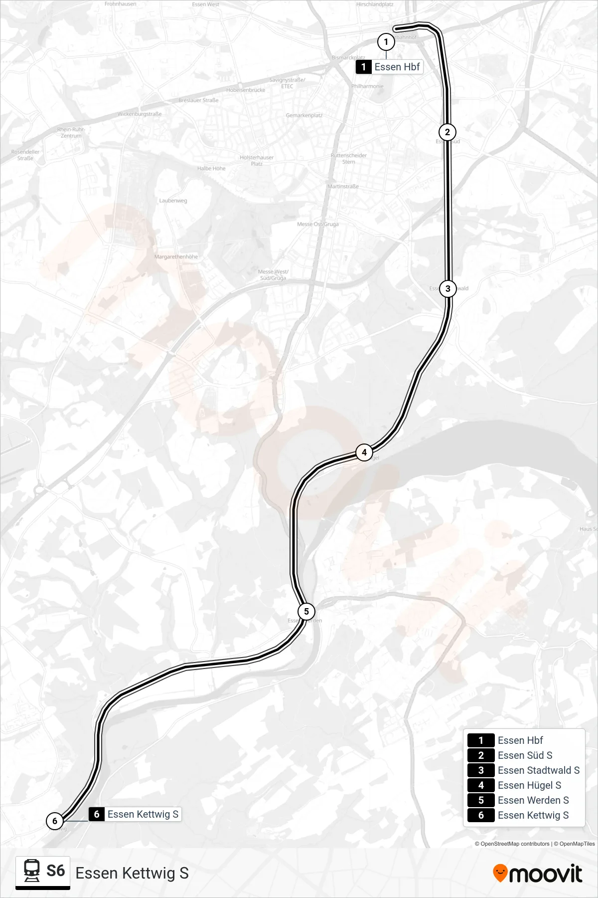 Linie S6 (Bahn) Richtung Essen Kettwig S: Route und Haltestellen auf der Karte