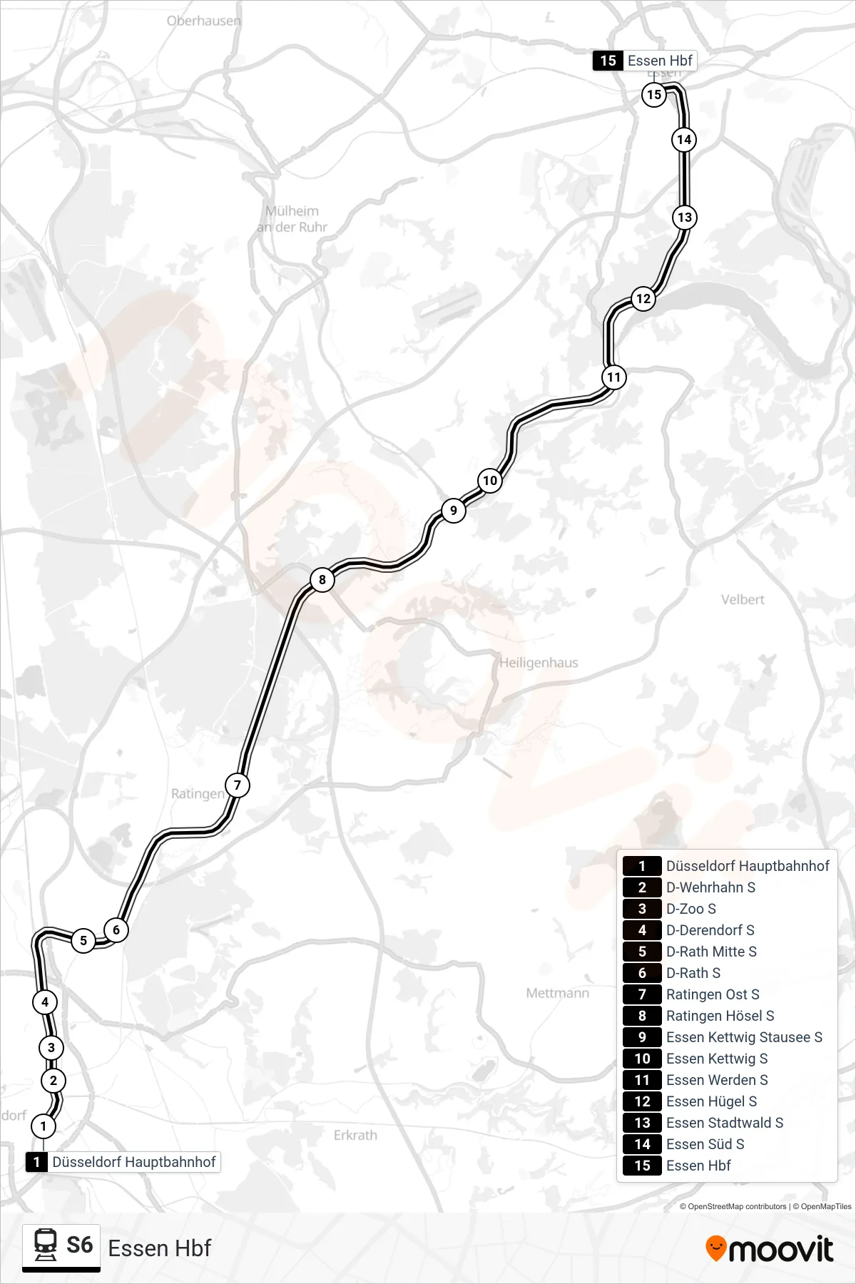 Linie S6 (Bahn) Richtung Essen Hbf: Route und Haltestellen auf der Karte