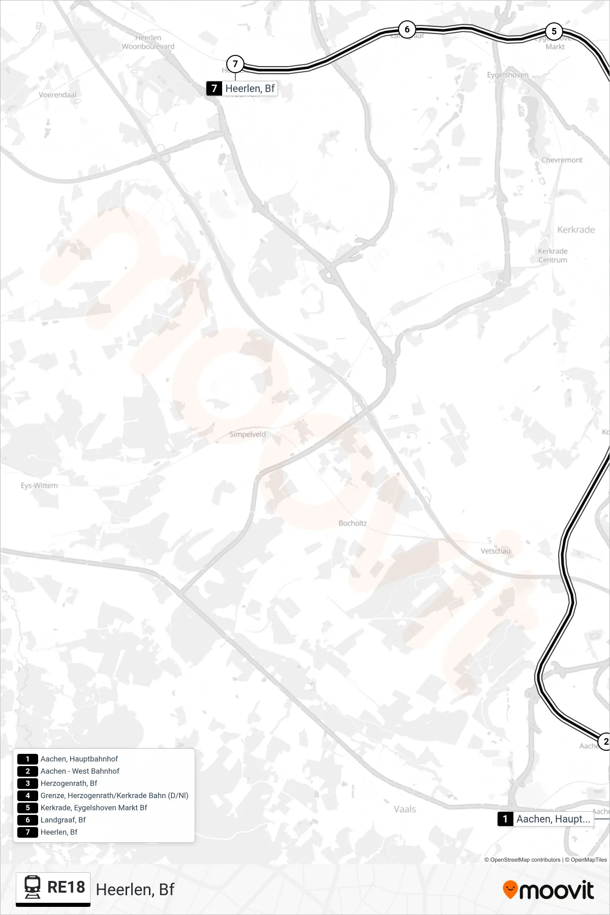 RE18 train Line (Heerlen, Bf) route and stops on a map