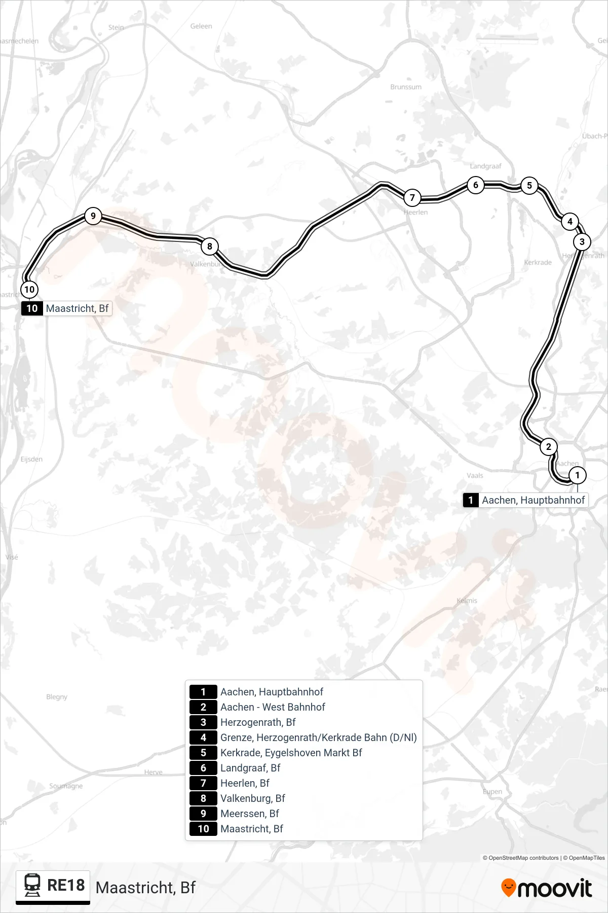 RE18 rail Line (Maastricht, Bf) route and stops on a map