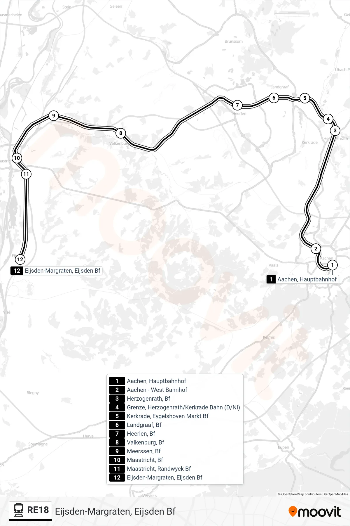 RE18 train Line (Eijsden-Margraten, Eijsden Bf) route and stops on a map