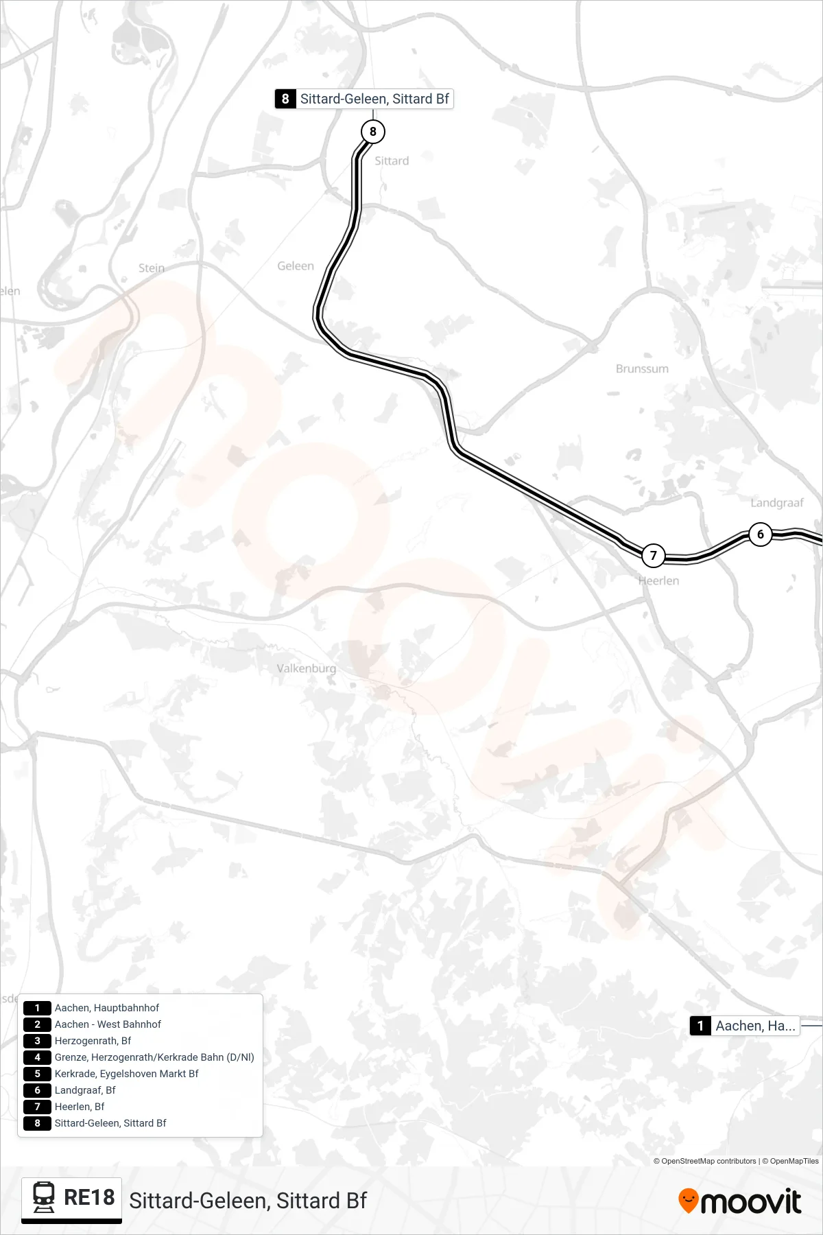 RE18 rail Line (Sittard-Geleen, Sittard Bf) route and stops on a map