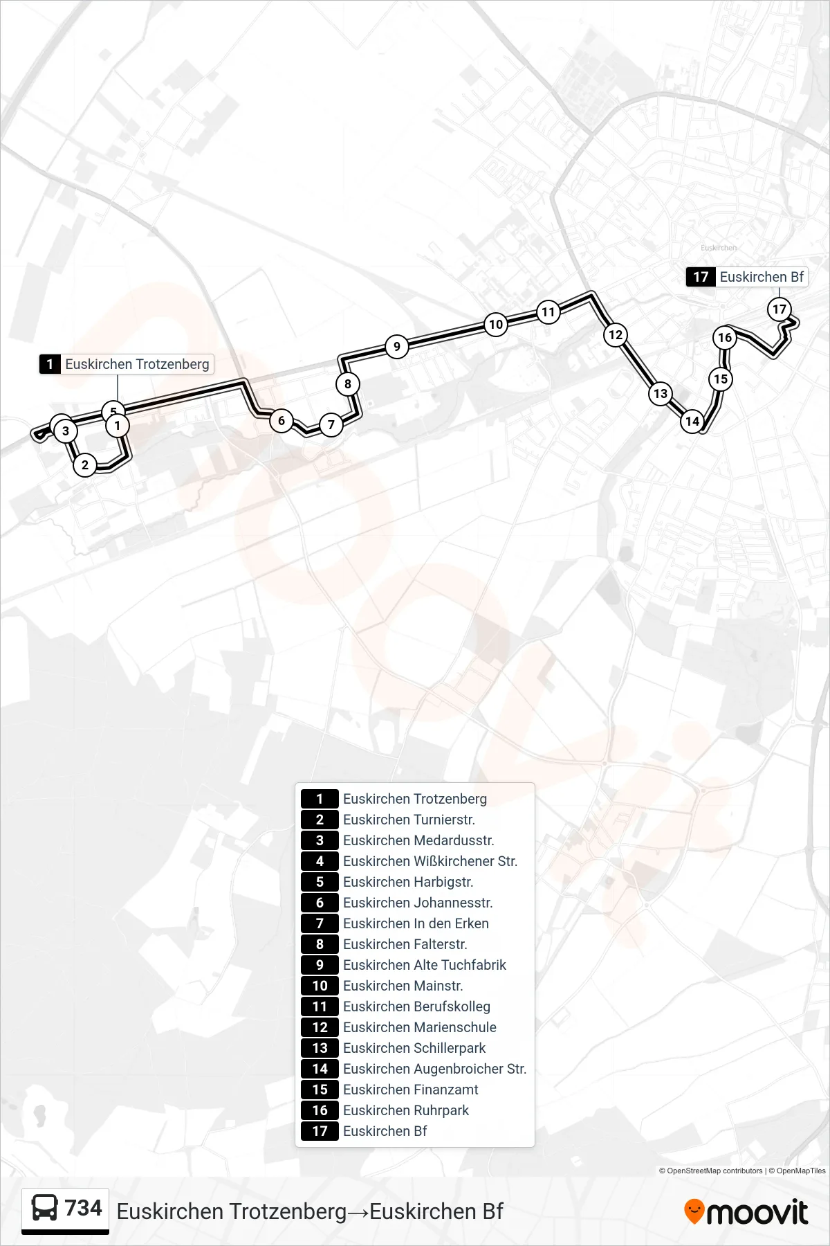 Linie 734 (Bus) Richtung Euskirchen Trotzenberg→Euskirchen Bf: Route und Haltestellen auf der Karte