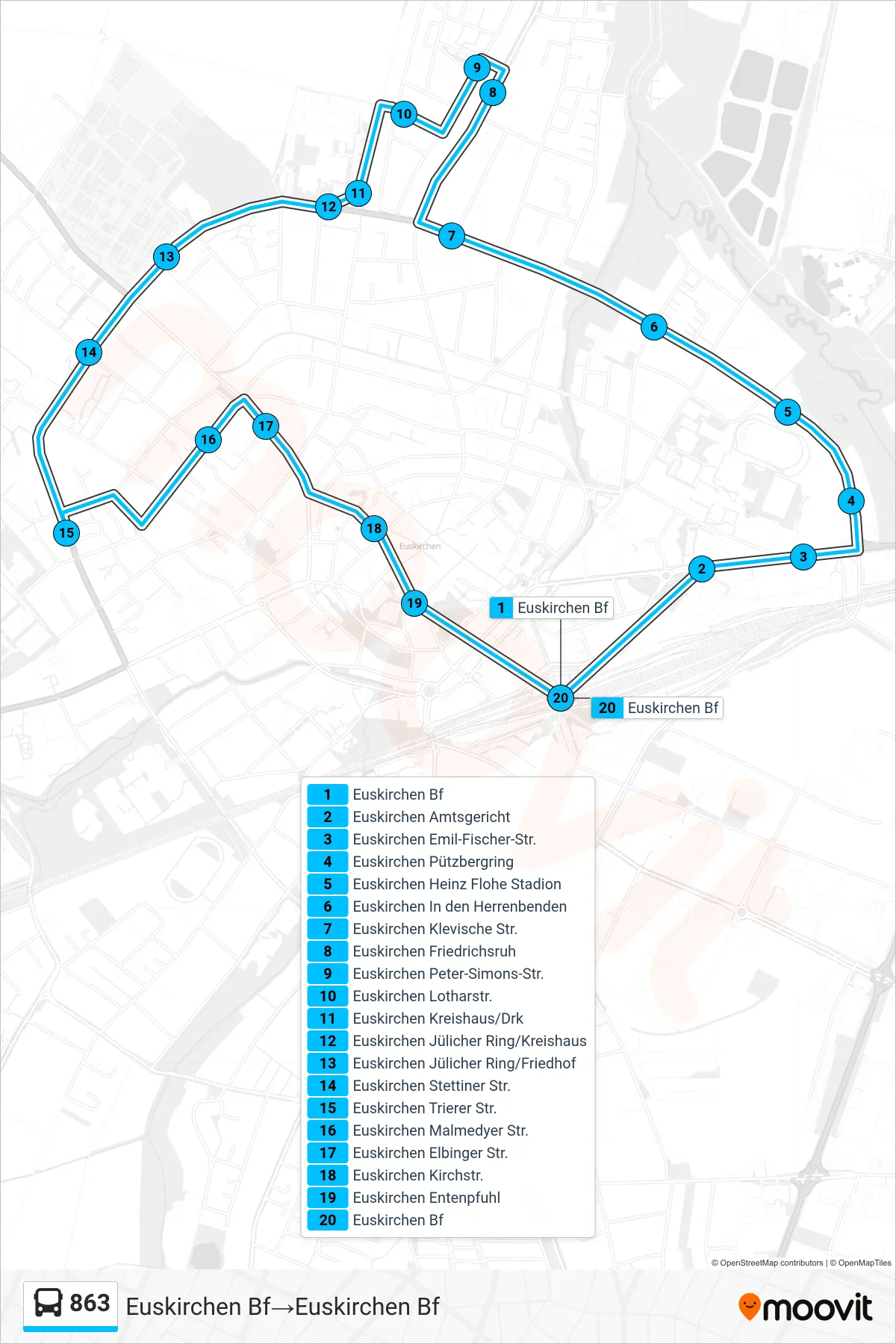 Linie 863 (Bus) Richtung Euskirchen Bf→Euskirchen Bf: Route und Haltestellen auf der Karte
