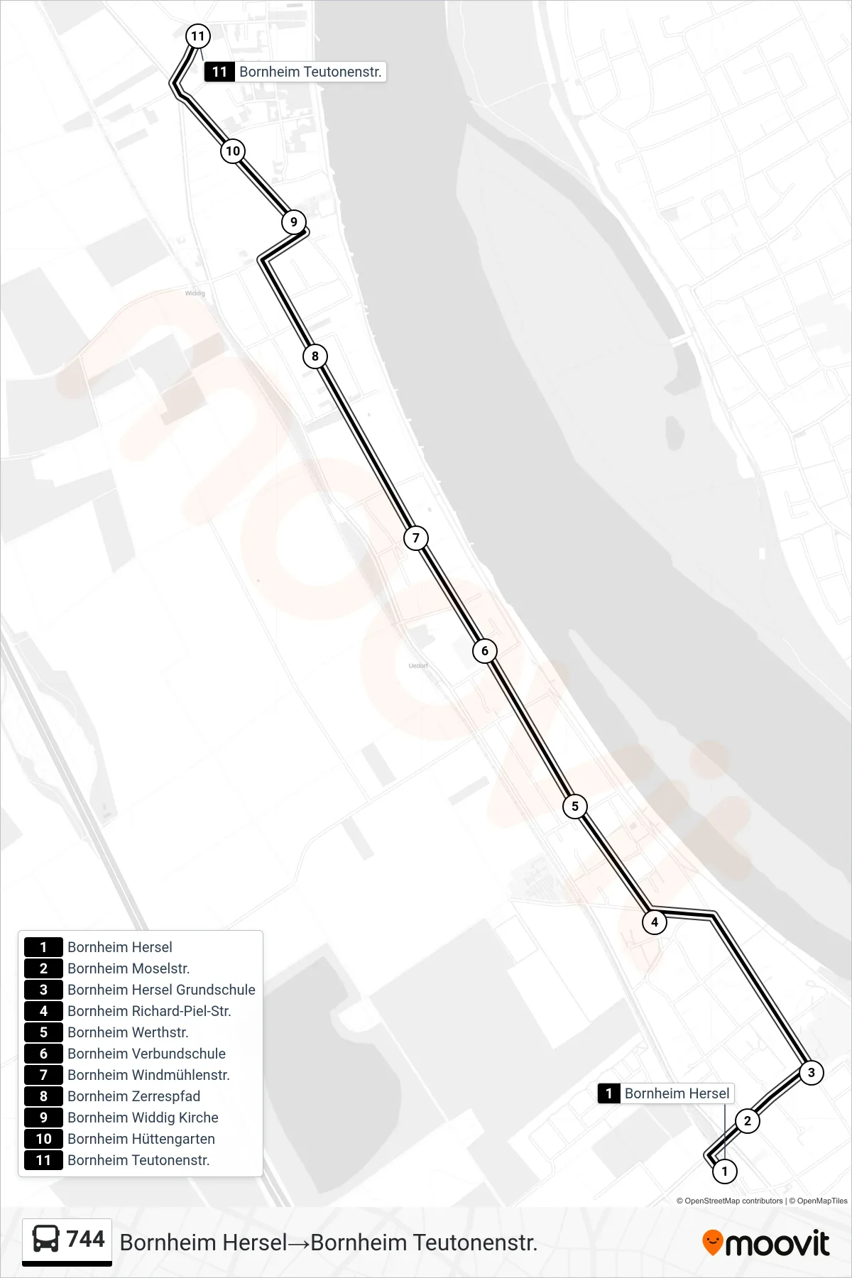 Linie 744 (Bus) Richtung Bornheim Hersel‎→Bornheim Teutonenstr.: Route und Haltestellen auf der Karte