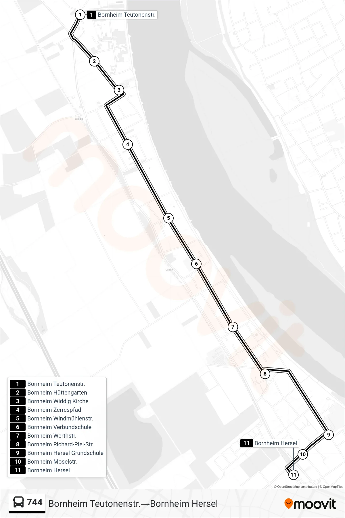 Linie 744 (Bus) Richtung Bornheim Teutonenstr.→Bornheim Hersel: Route und Haltestellen auf der Karte