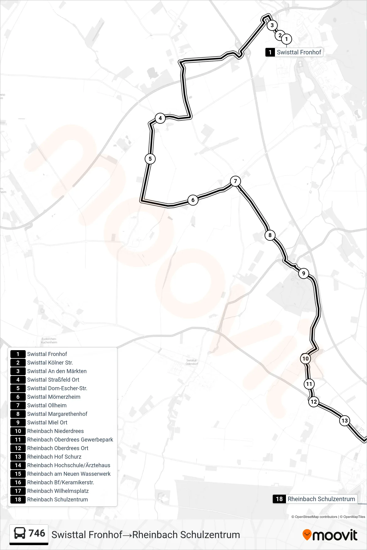 Linie 746 (Bus) Richtung Swisttal Fronhof→Rheinbach Schulzentrum: Route und Haltestellen auf der Karte