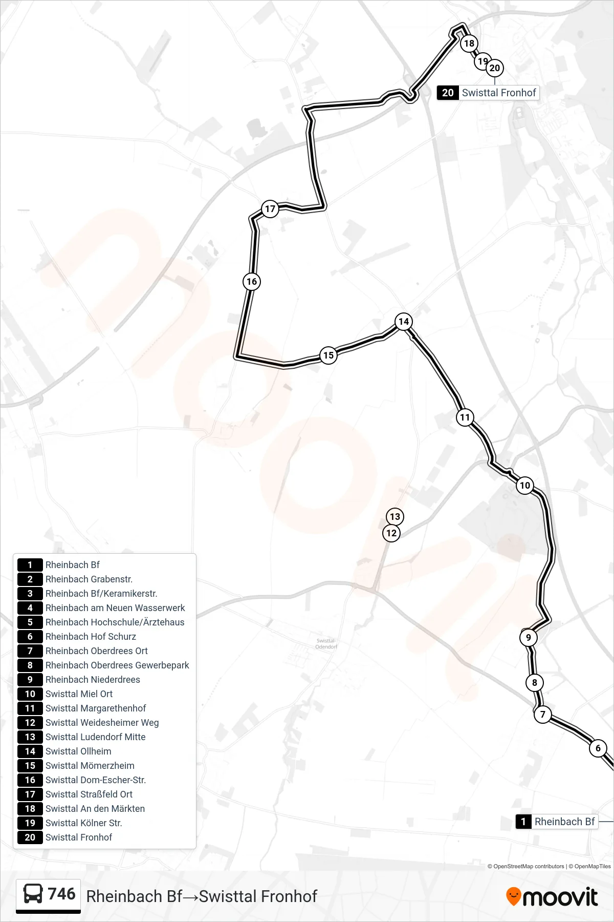 Linie 746 (Bus) Richtung Rheinbach Bf→Swisttal Fronhof: Route und Haltestellen auf der Karte