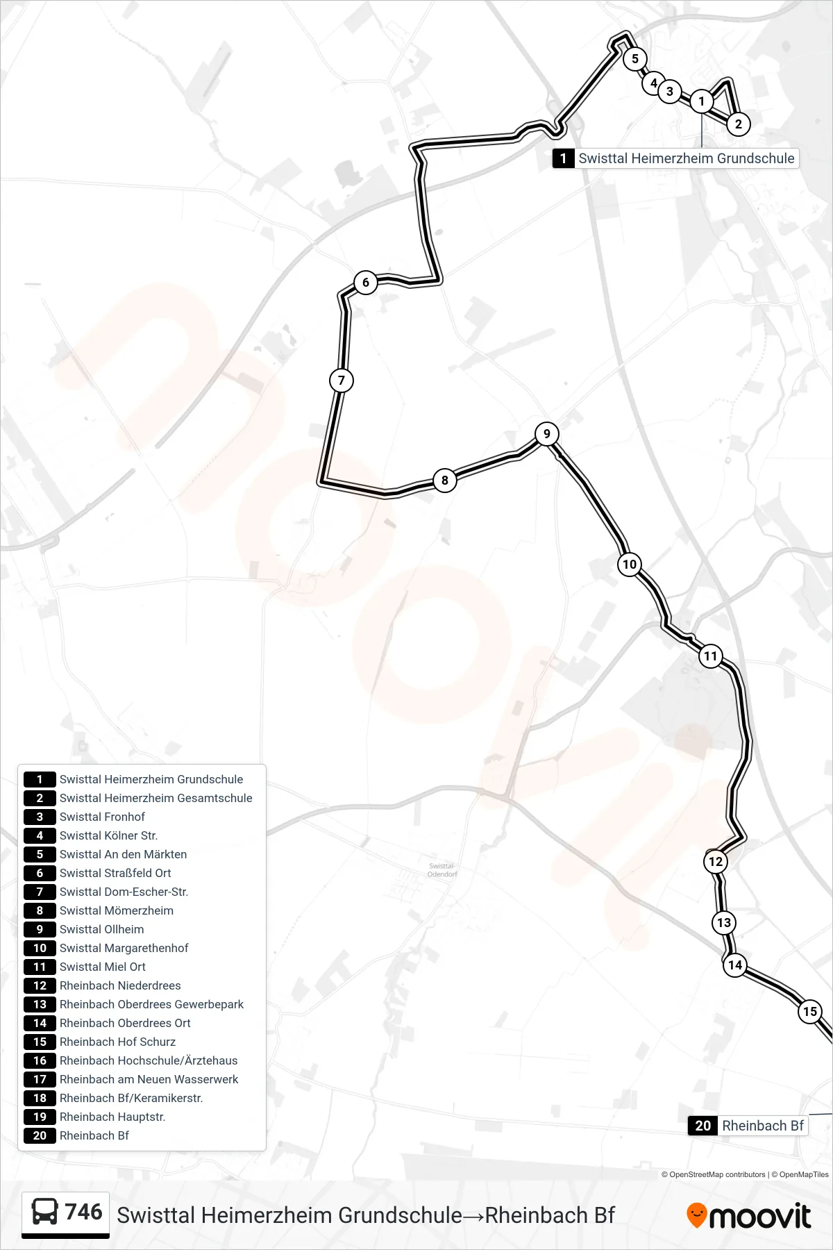 Linie 746 (Bus) Richtung Swisttal Heimerzheim Grundschule‎→Rheinbach Bf: Route und Haltestellen auf der Karte