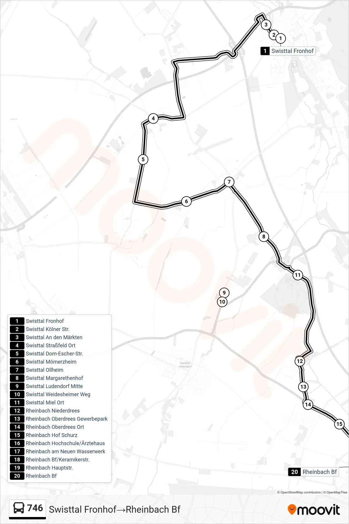 Linie 746 (Bus) Richtung Swisttal Fronhof‎→Rheinbach Bf: Route und Haltestellen auf der Karte