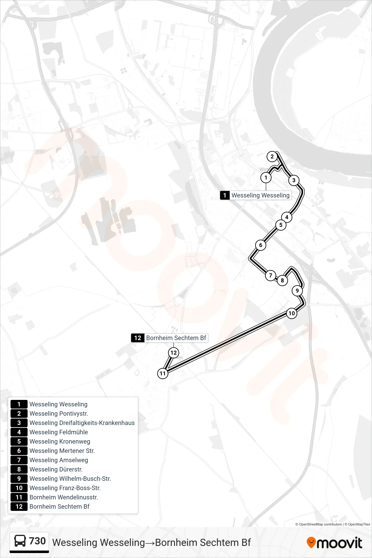 Linie 730 (Bus) Richtung Wesseling Wesseling→Bornheim Sechtem Bf: Route und Haltestellen auf der Karte