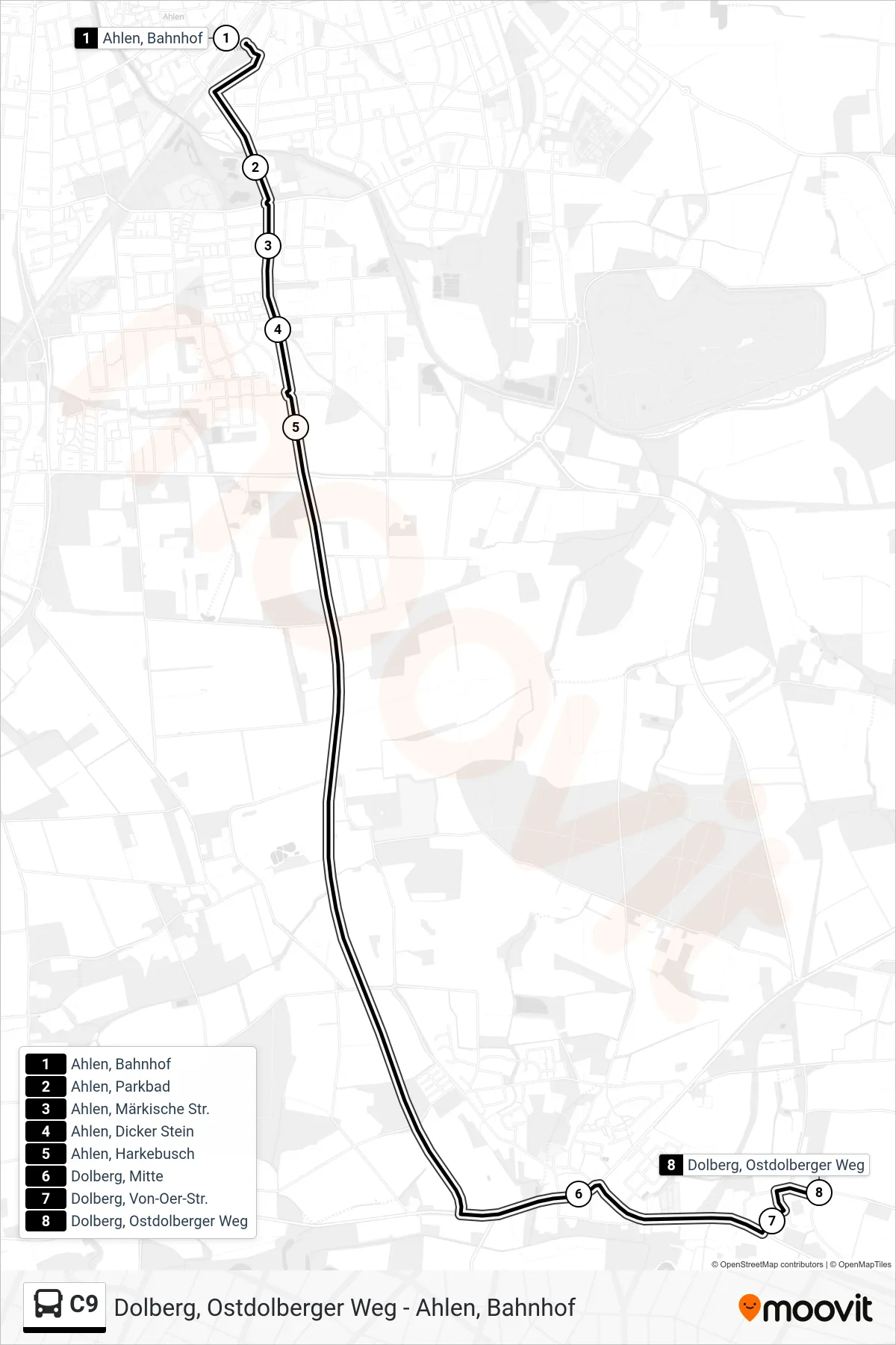 C9 tram Line (Dolberg, Ostdolberger Weg) route and stops on a map