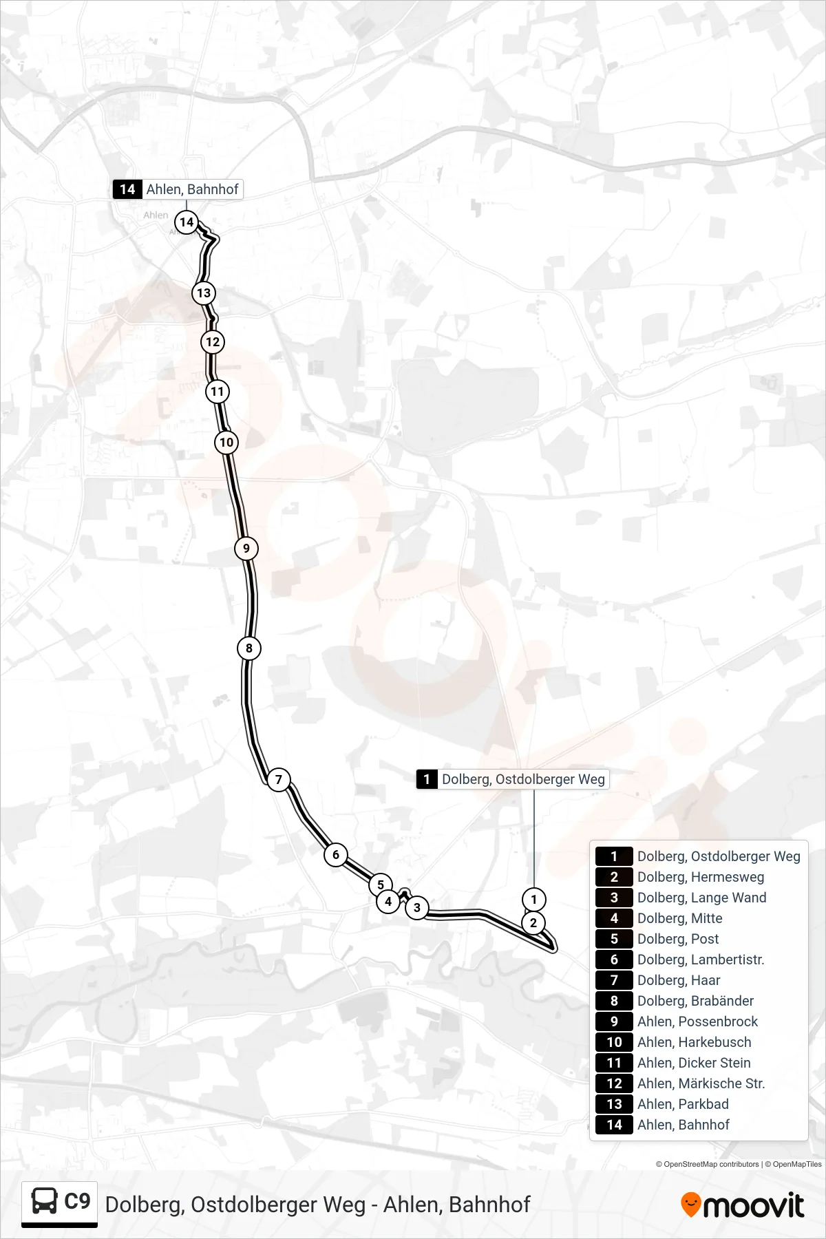 Linie C9 (Tram) Richtung Ahlen, Bahnhof: Route und Haltestellen auf der Karte