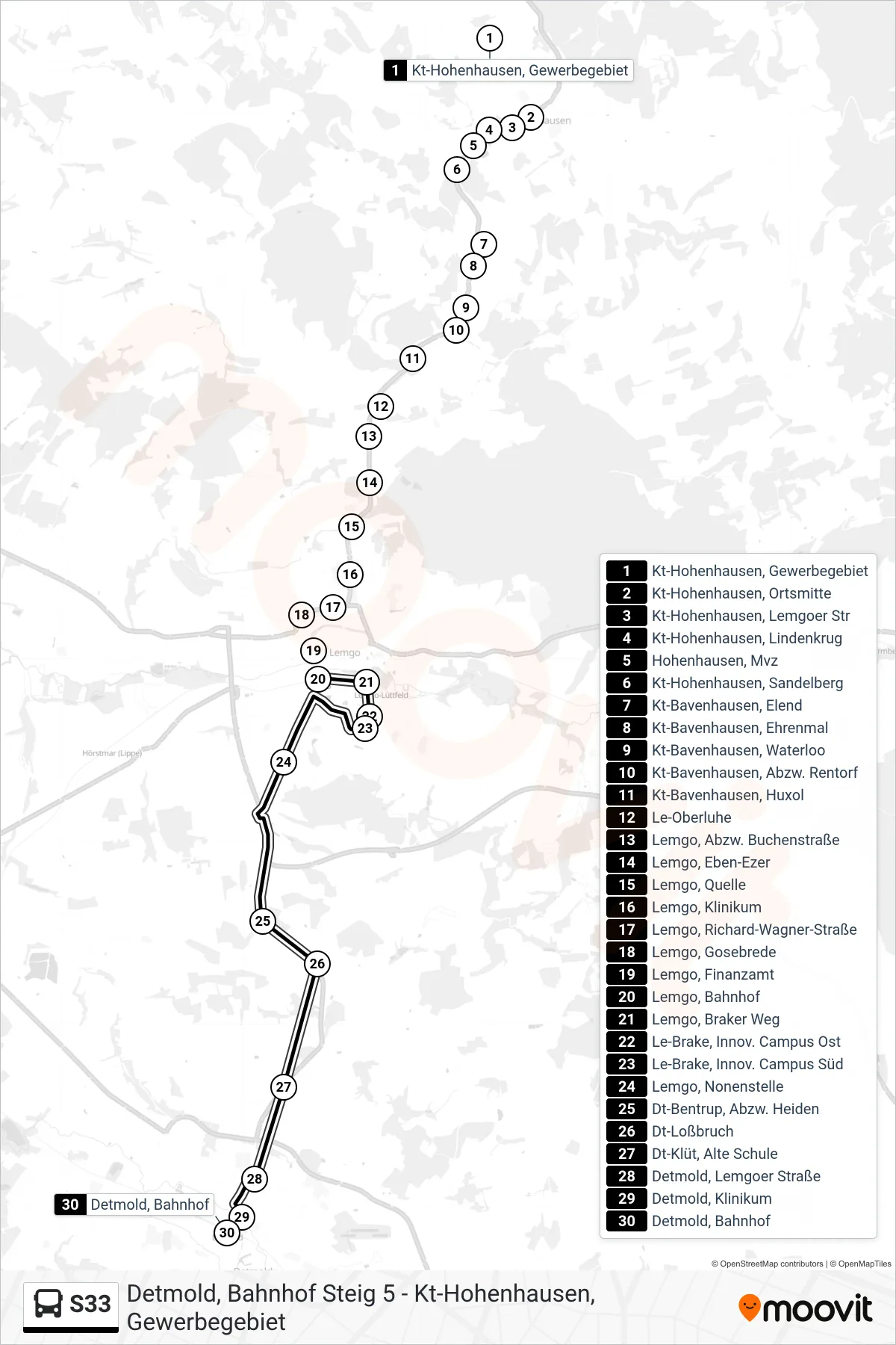 S33 bus Line (Detmold, Bahnhof Steig 5) route and stops on a map