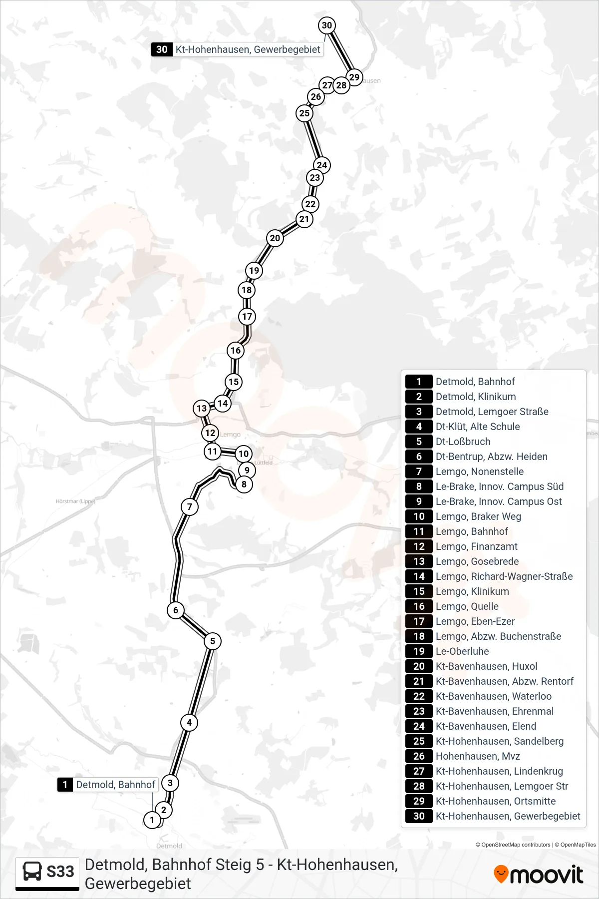 S33 bus Line (Kt-Hohenhausen, Gewerbegebiet) route and stops on a map