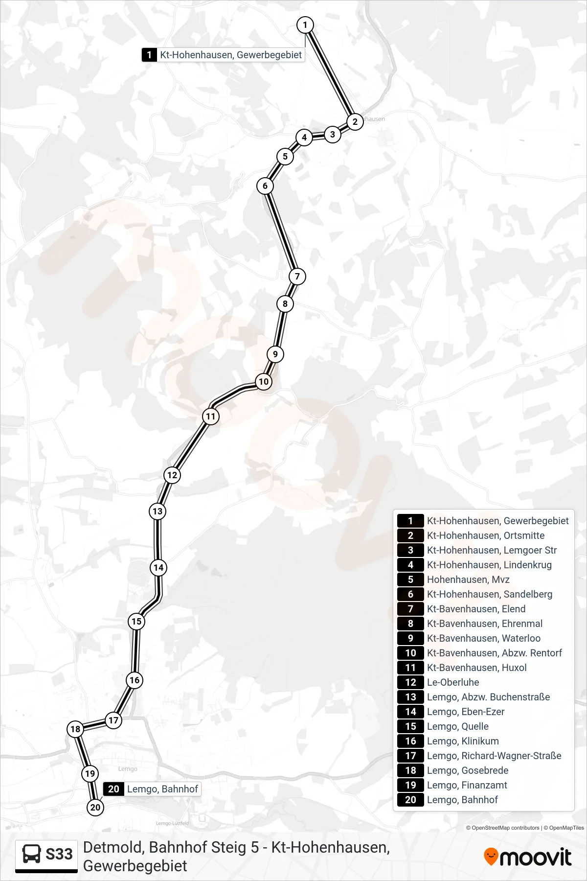 Linie S33 (Bus) Richtung Lemgo, Bahnhof: Route und Haltestellen auf der Karte
