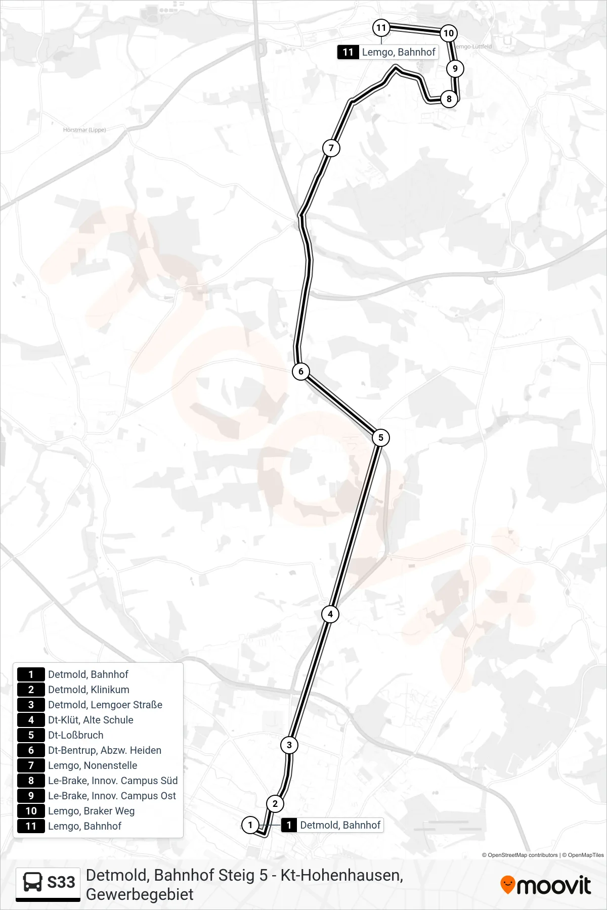 Linie S33 (Bus) Richtung Lemgo, Bahnhof: Route und Haltestellen auf der Karte