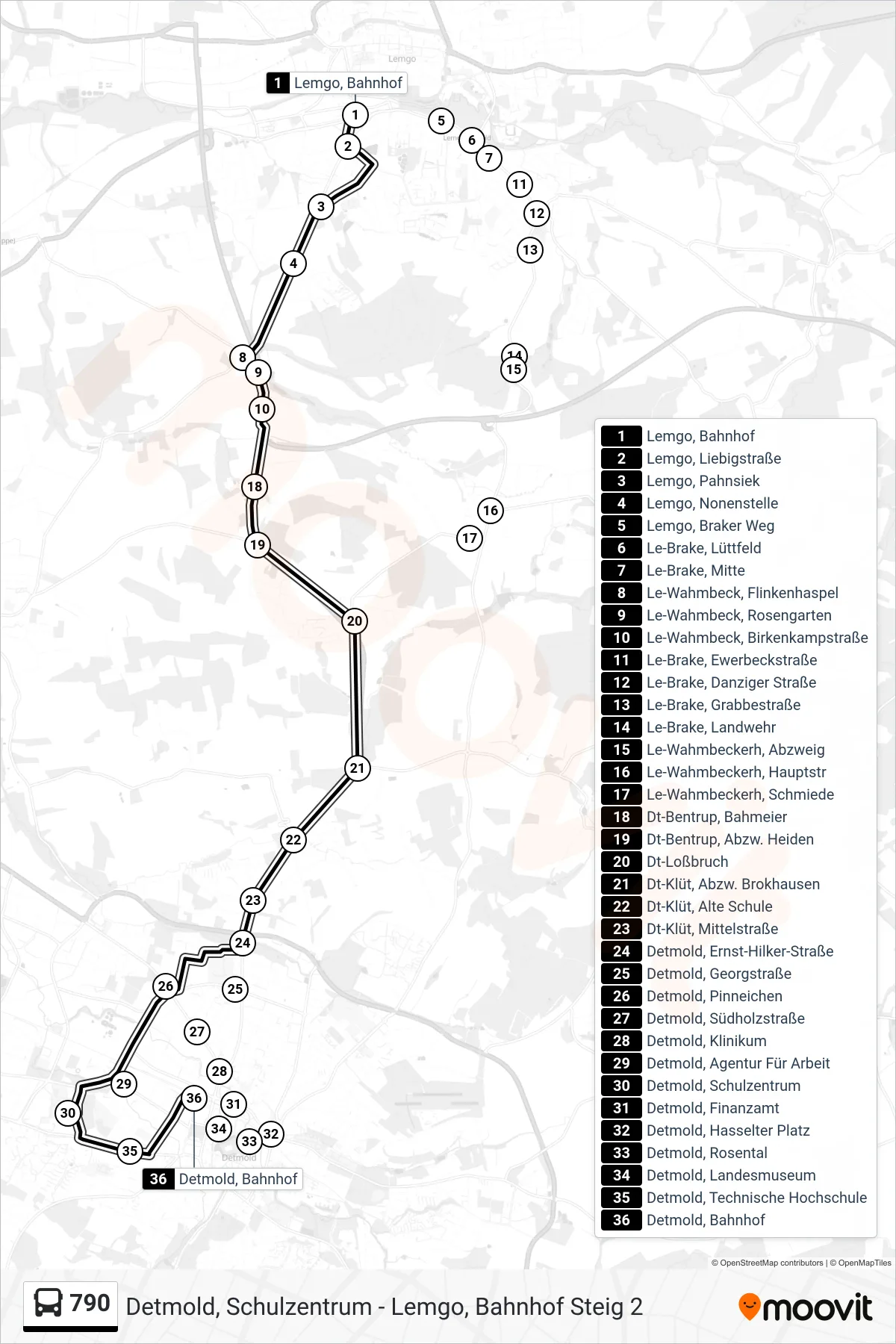 790 bus Line (Detmold, Bahnhof Steig 5) route and stops on a map