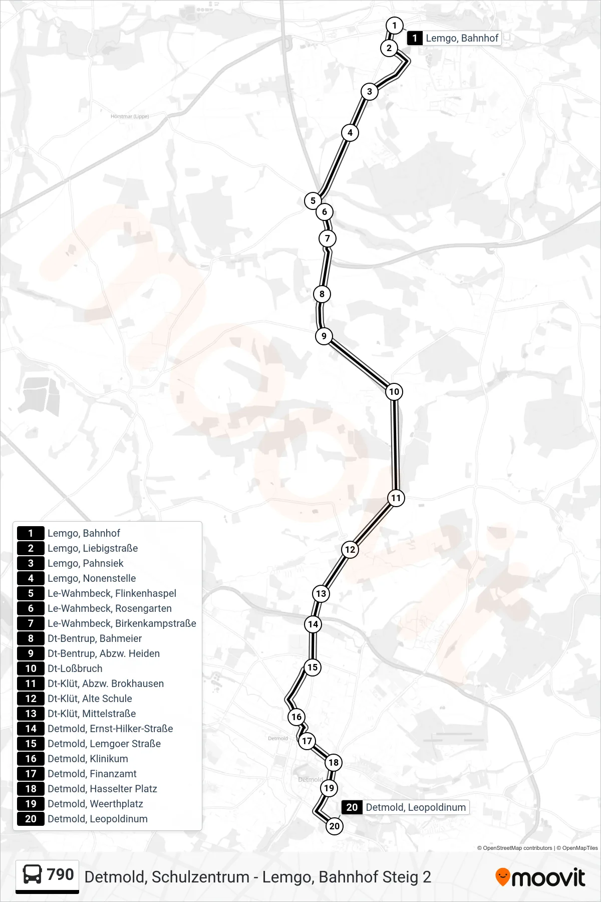 790 bus Line (Detmold, Leopoldinum) route and stops on a map