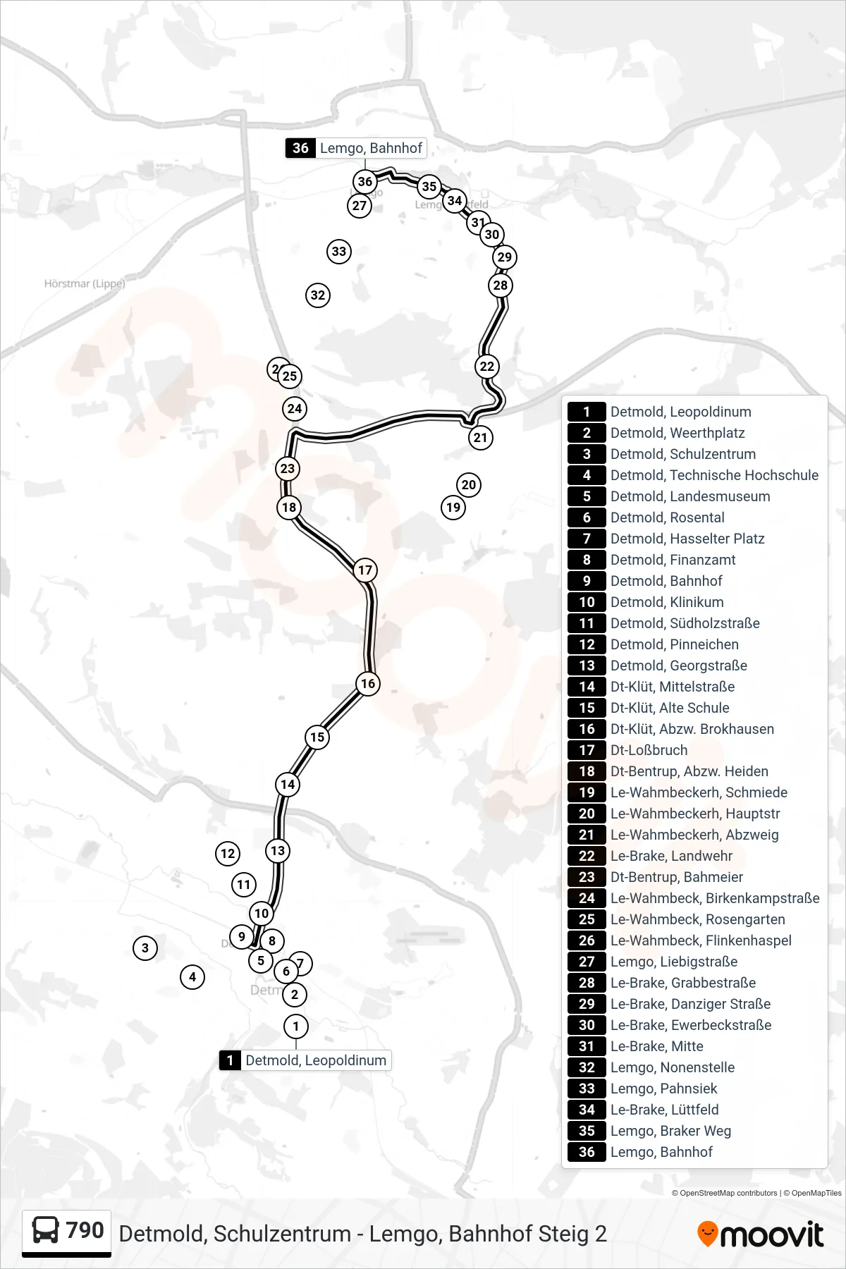 Linie 790 (Bus) Richtung Lemgo, Bahnhof Steig 2: Route und Haltestellen auf der Karte
