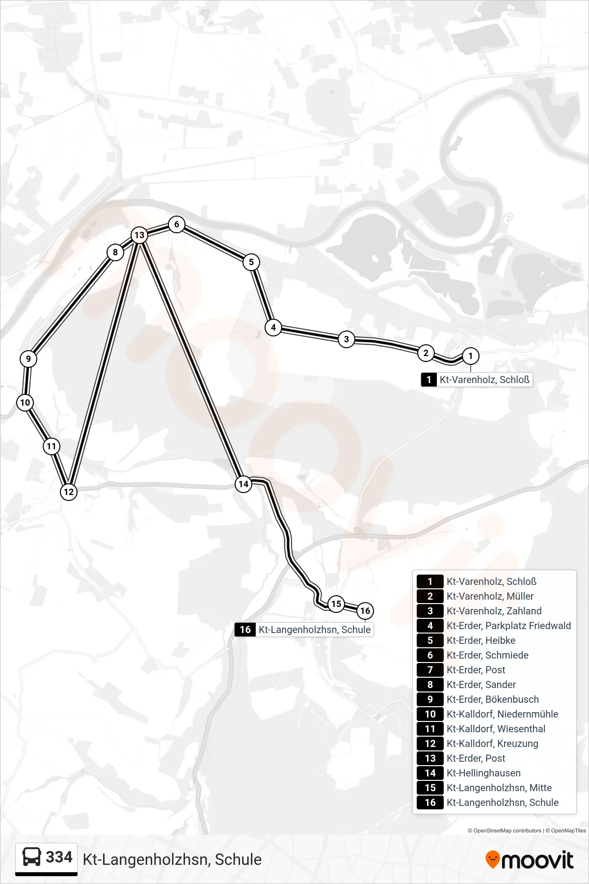 334 bus Line (Kt-Langenholzhsn, Schule) route and stops on a map