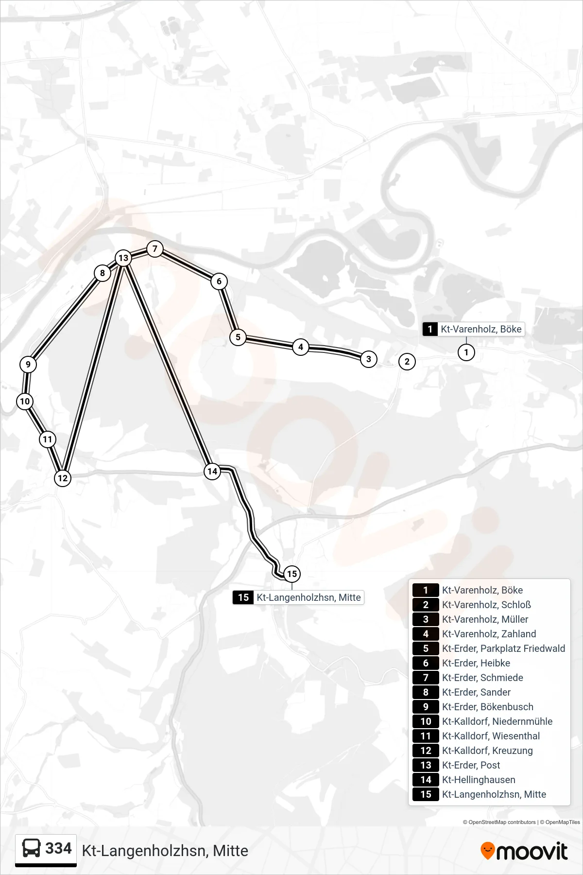334 bus Line (Kt-Langenholzhsn, Mitte) route and stops on a map