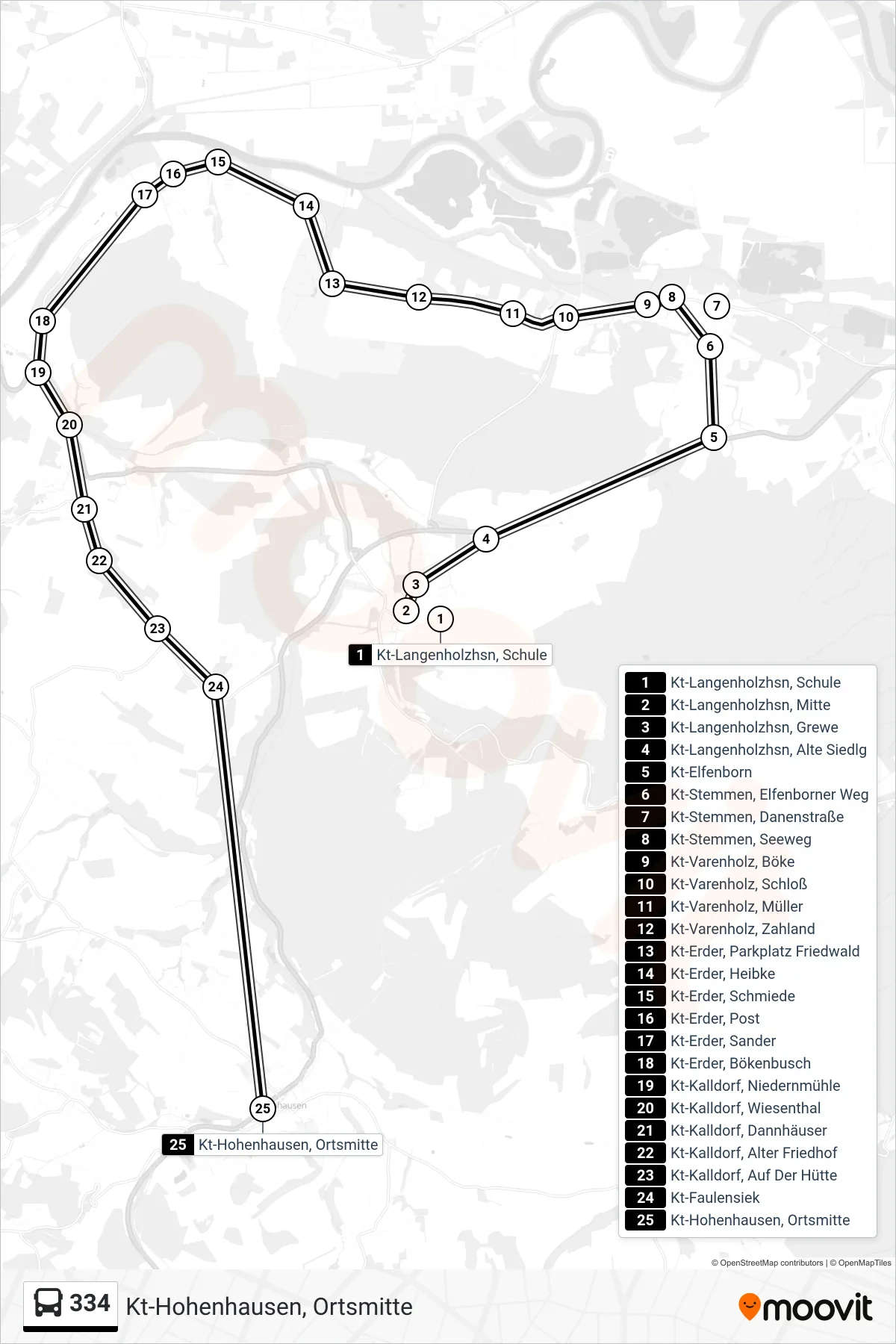334 bus Line (Kt-Hohenhausen, Ortsmitte) route and stops on a map