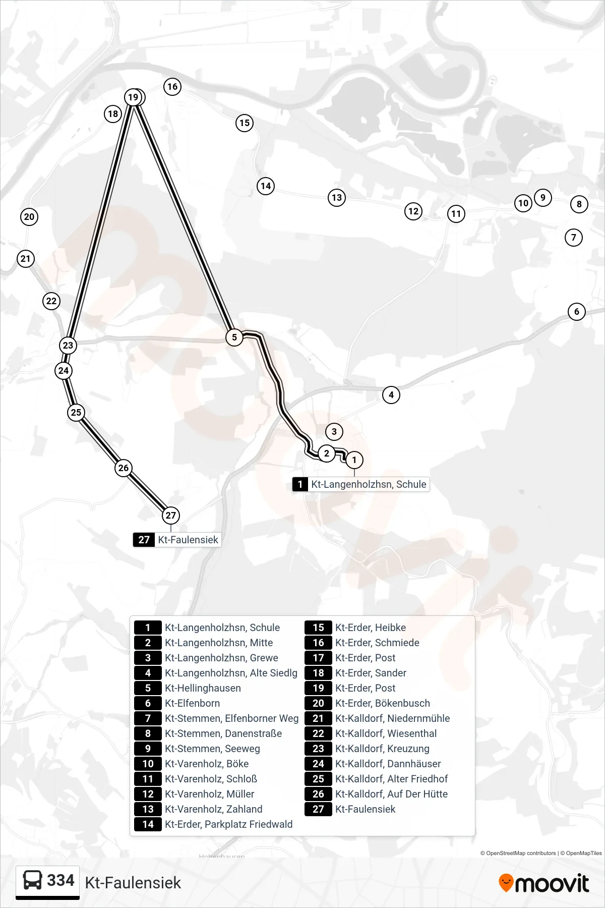 334 bus Line (Kt-Faulensiek) route and stops on a map