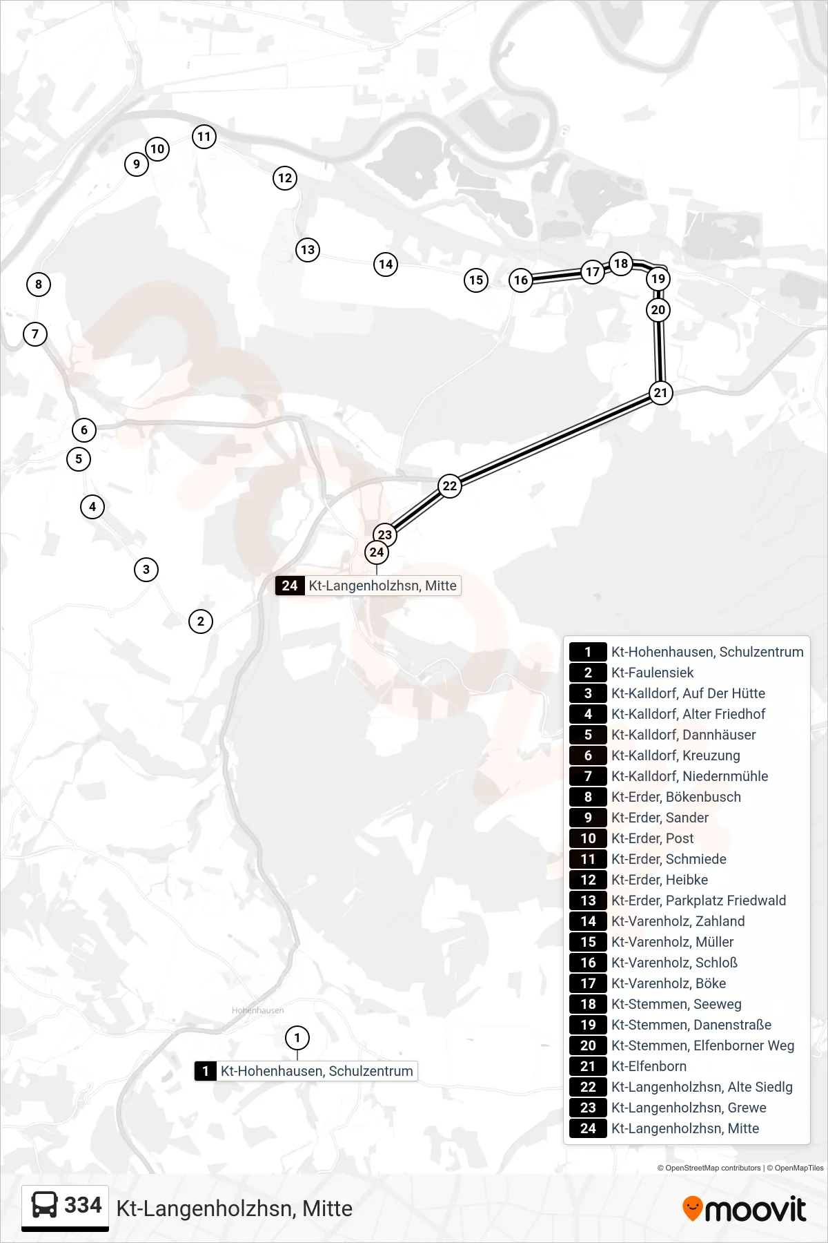 334 bus Line (Kt-Langenholzhsn, Mitte) route and stops on a map