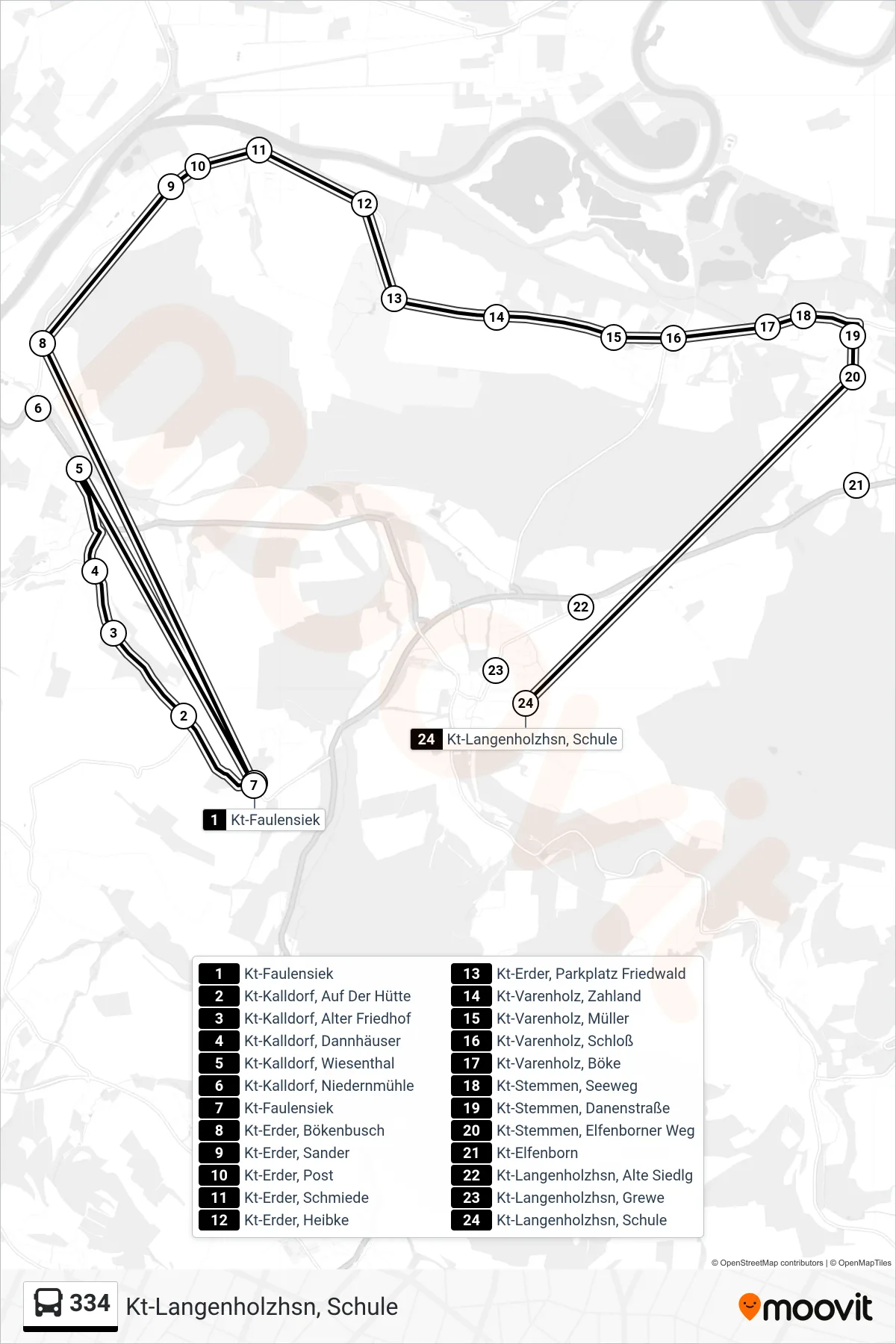334 bus Line (Kt-Langenholzhsn, Schule) route and stops on a map