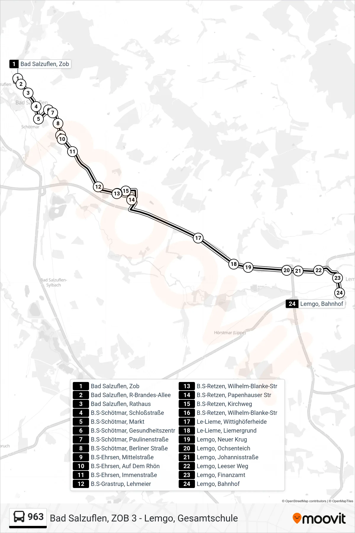 Linie 963 (Bus) Richtung Lemgo, Bahnhof Steig 2: Route und Haltestellen auf der Karte