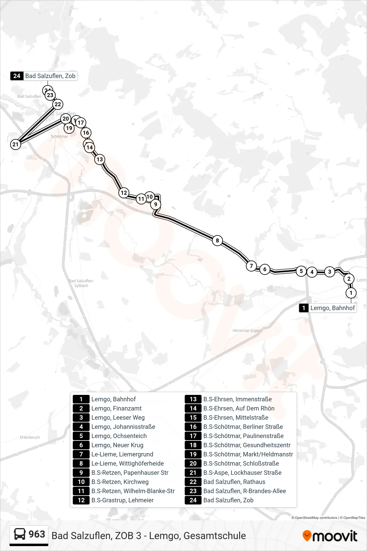 963 bus Line (Bad Salzuflen, Zob 3) route and stops on a map