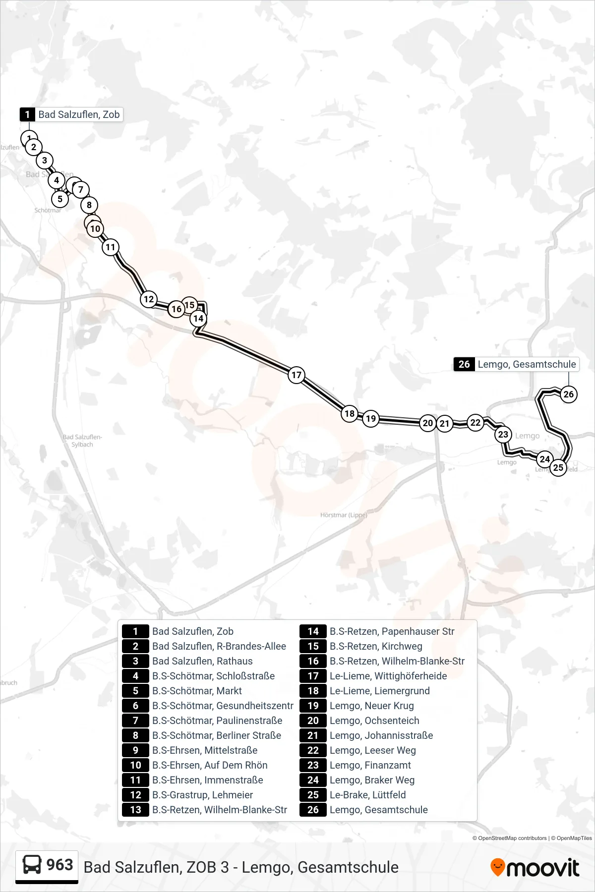 Linie 963 (Bus) Richtung Lemgo, Gesamtschule: Route und Haltestellen auf der Karte