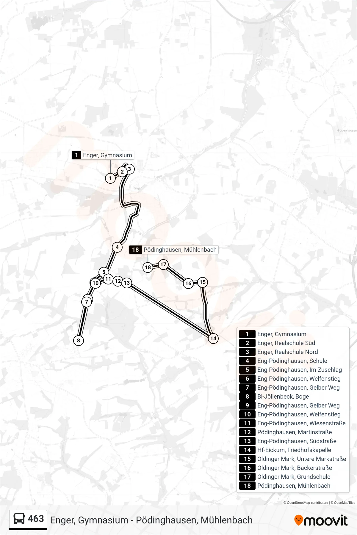 Linie 463 (Bus) Richtung Enger Oldinghausen Über Pödinghausen: Route und Haltestellen auf der Karte