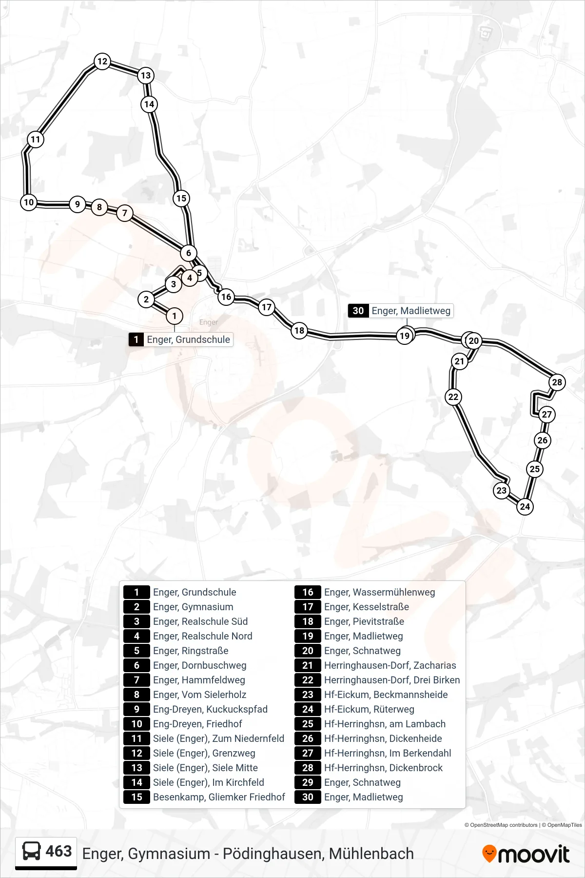 463 bus Line (Enger Madlietweg) route and stops on a map