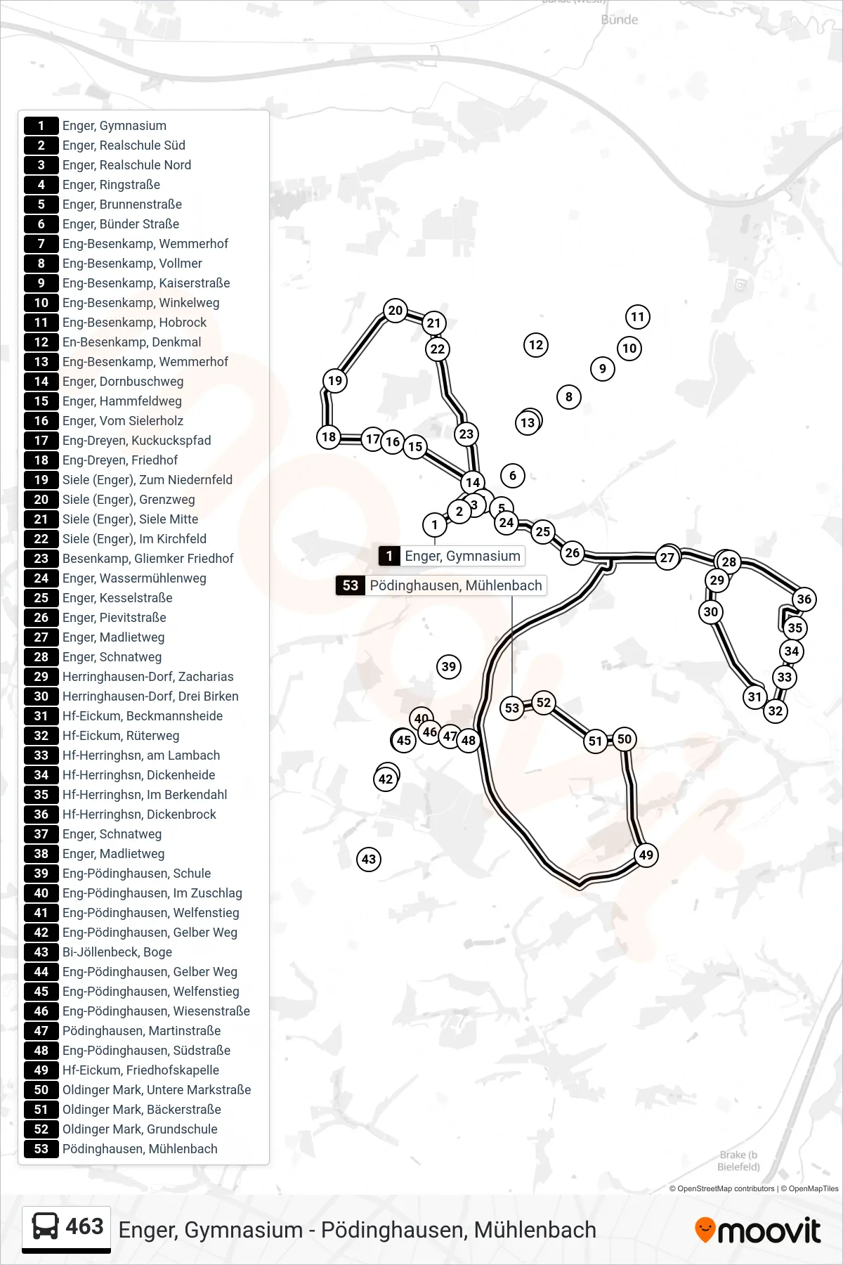 Linie 463 (Bus) Richtung Enger Oldinghausen Über Herringhausen: Route und Haltestellen auf der Karte