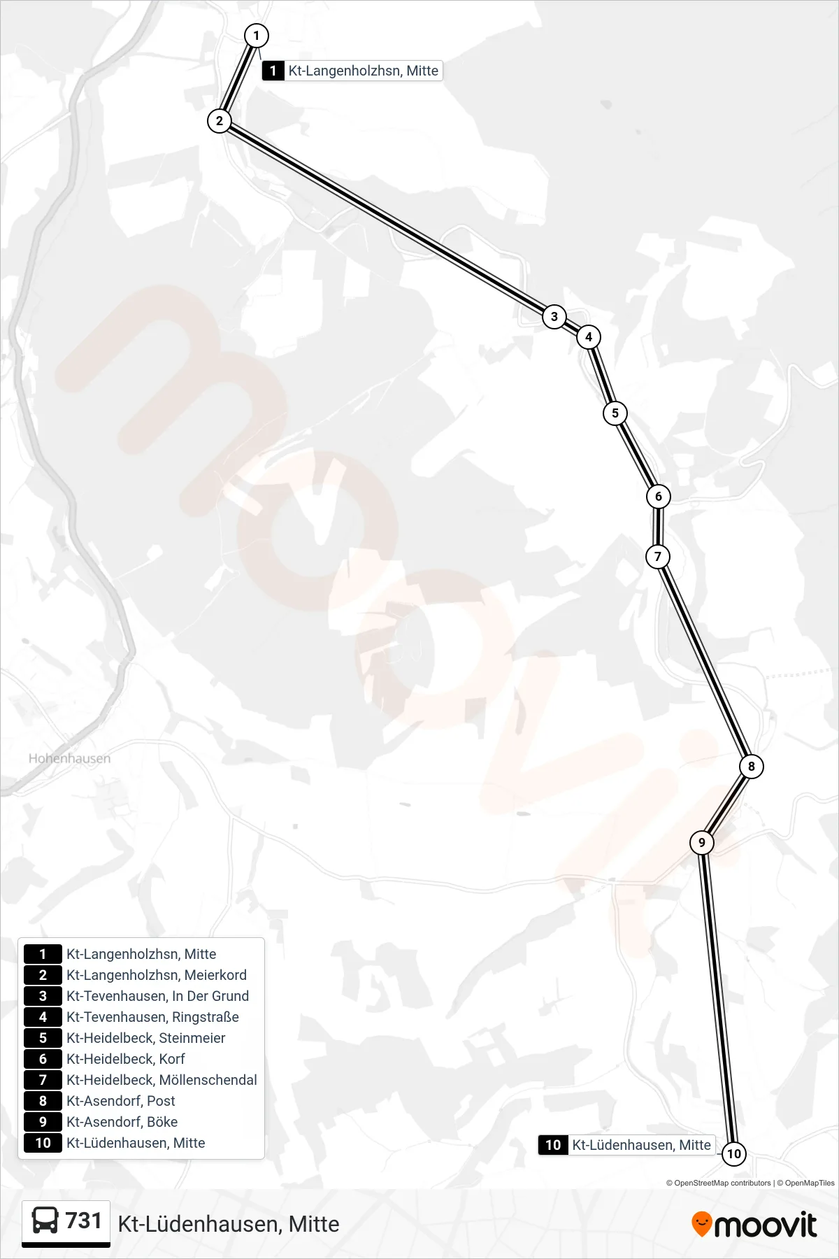 Linie 731 (Bus) Richtung Kt-Lüdenhausen, Mitte: Route und Haltestellen auf der Karte