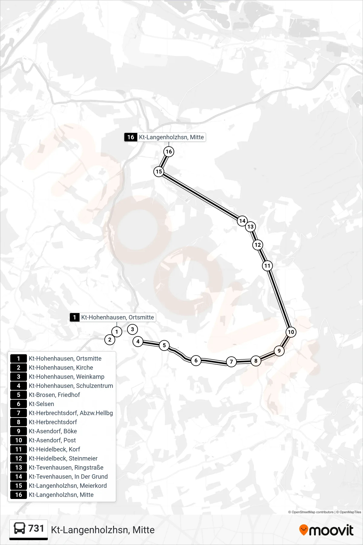 Linie 731 (Bus) Richtung Kt-Langenholzhsn, Mitte: Route und Haltestellen auf der Karte